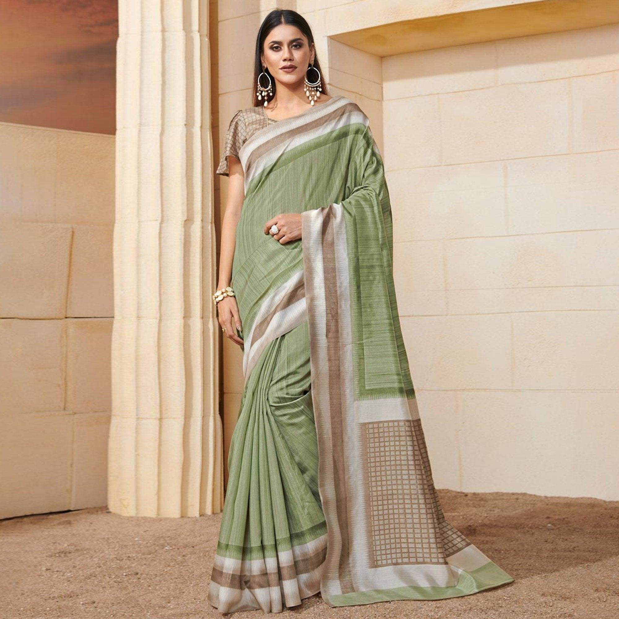 Ideal Green Colored Casual Wear Printed Bhagalpuri Silk Saree - Peachmode
