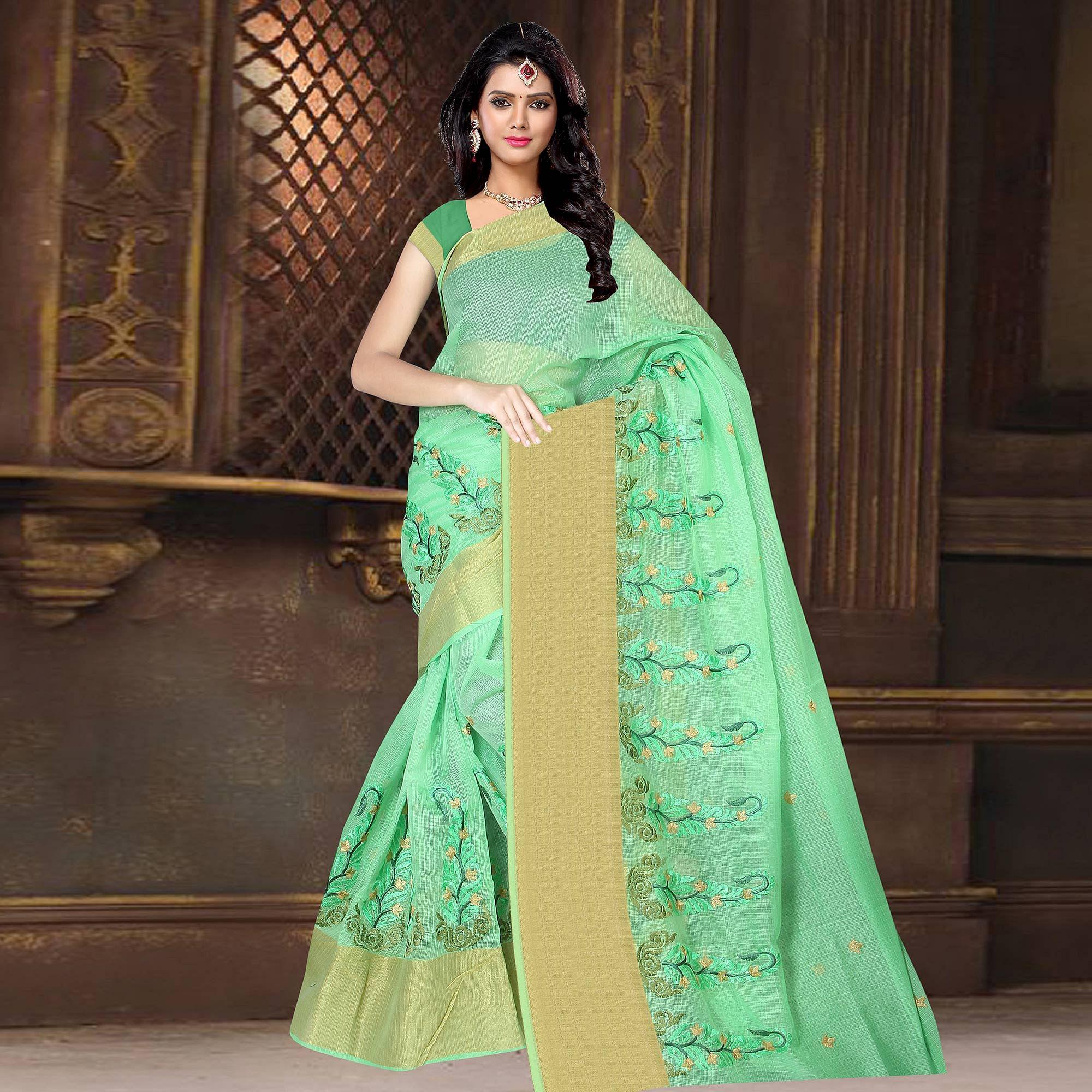 Ideal Green Colored Casual Wear Printed Net Saree - Peachmode