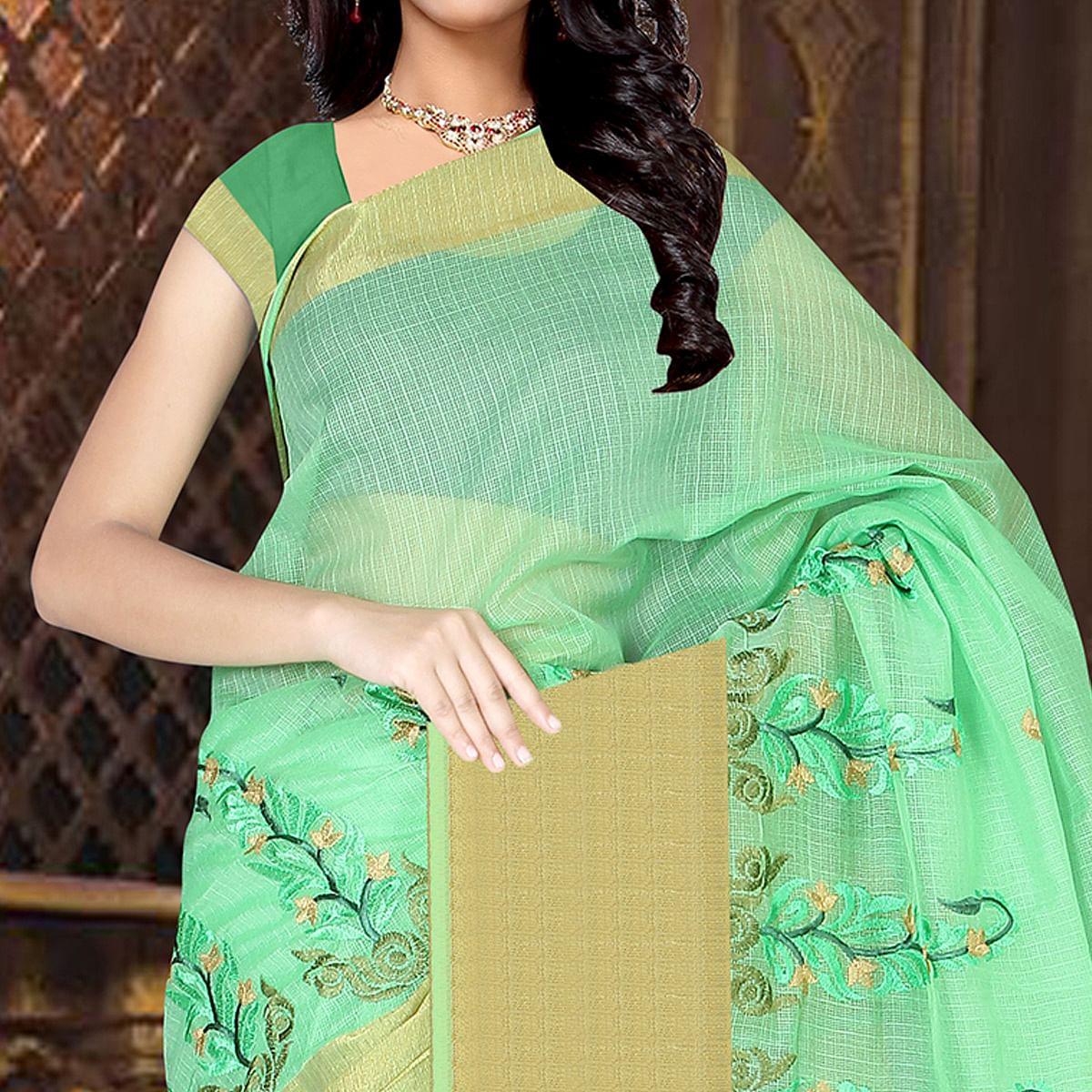 Ideal Green Colored Casual Wear Printed Net Saree - Peachmode