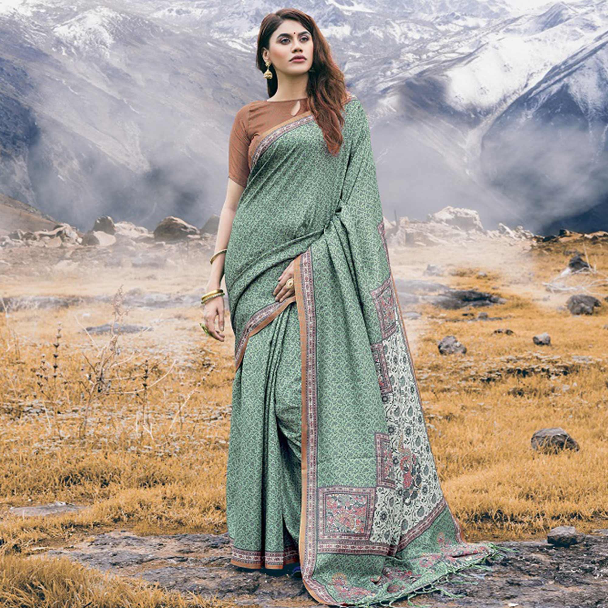 Ideal Green Colored Festive Wear Printed Art Silk Saree - Peachmode
