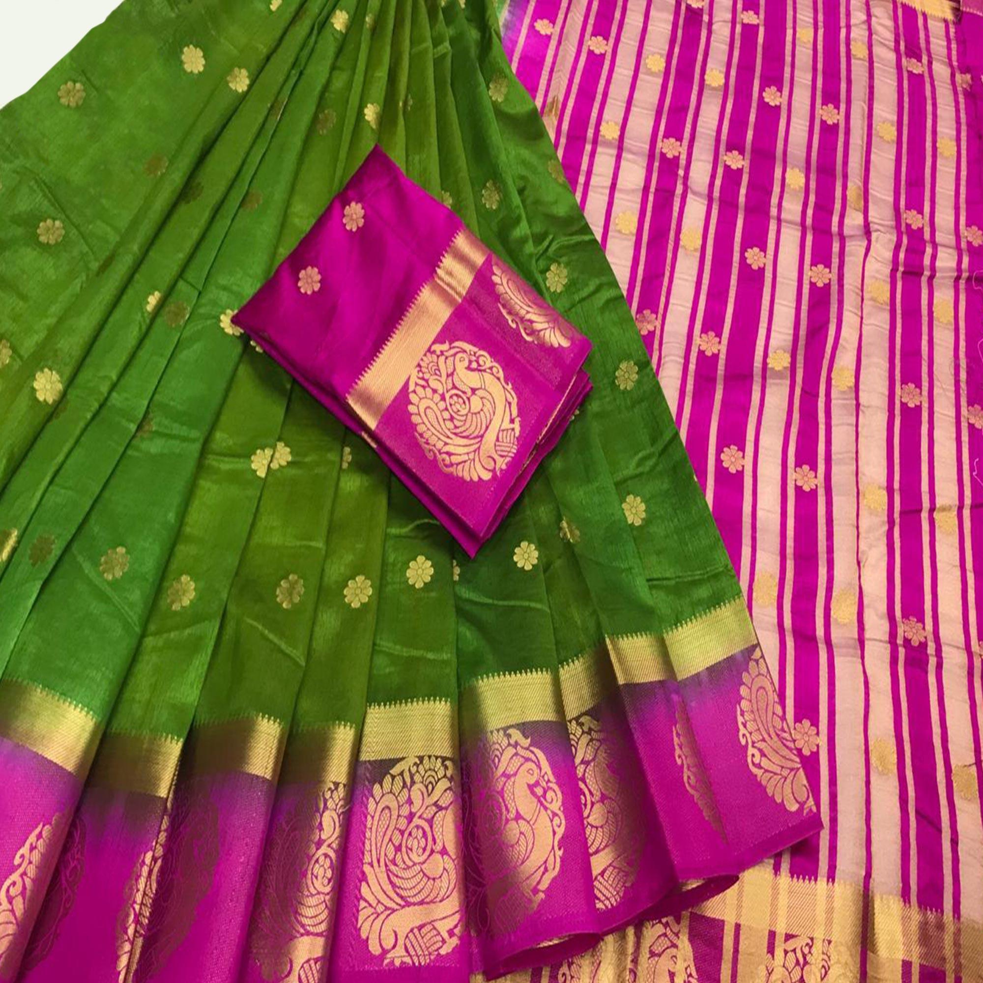 Ideal Green Colored Festive Wear Woven Art Silk Saree - Peachmode