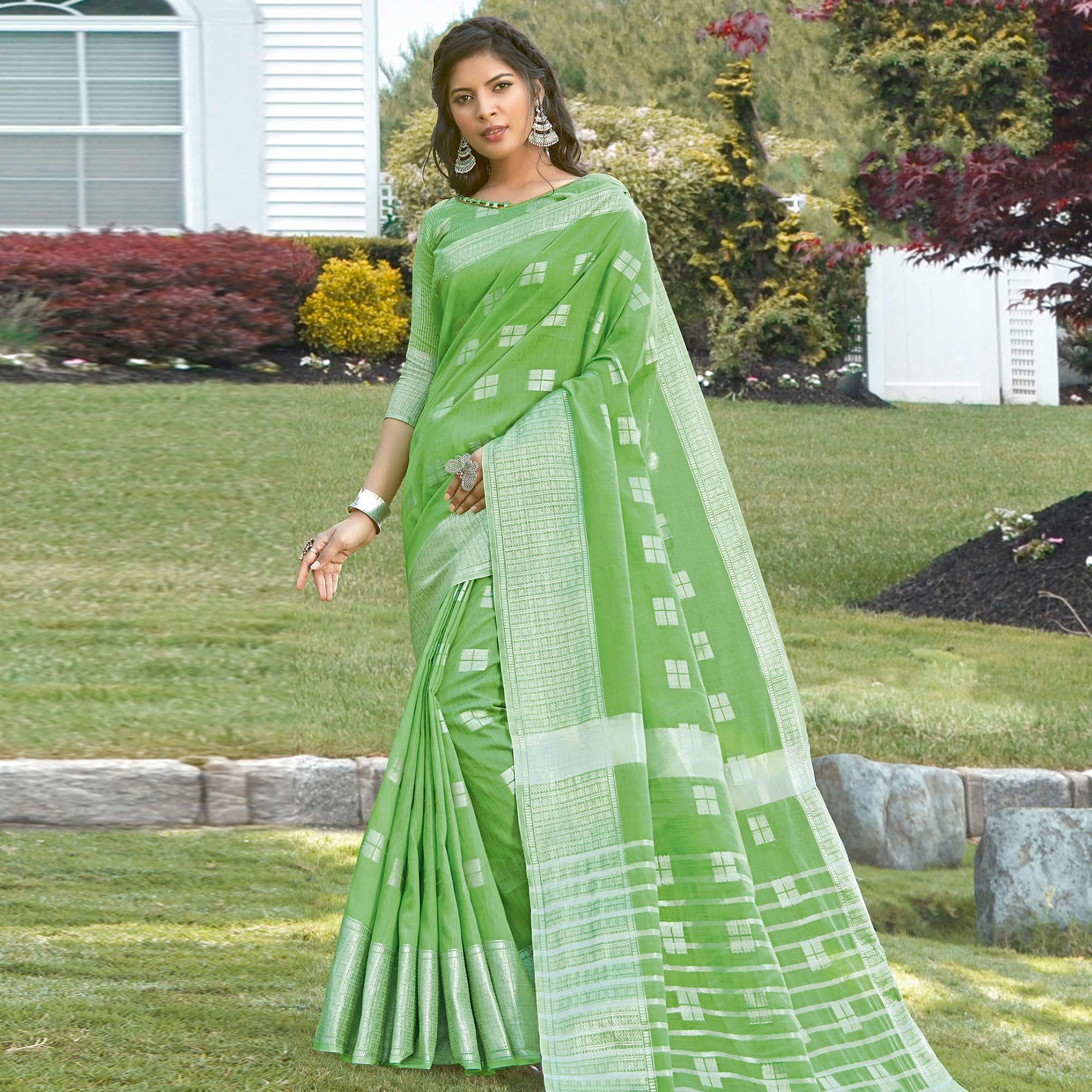 Ideal Green Colored Festive Wear Woven Linen Cotton Sareee - Peachmode