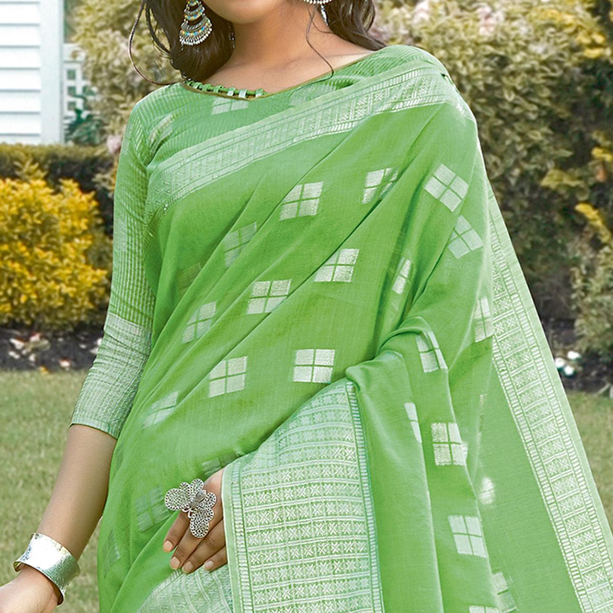 Ideal Green Colored Festive Wear Woven Linen Cotton Sareee - Peachmode
