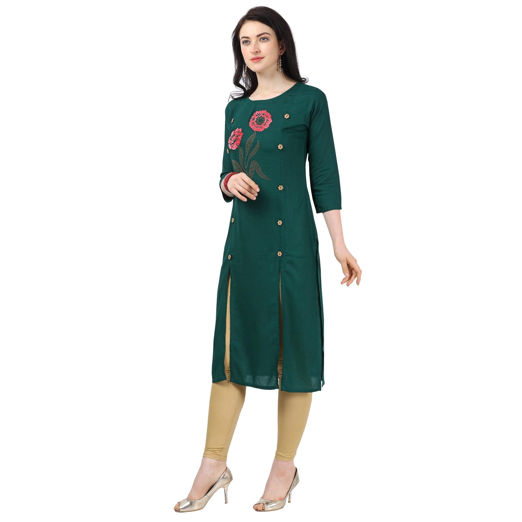 Ideal Green Colored Partywear Embellished Rayon Kurti - Peachmode