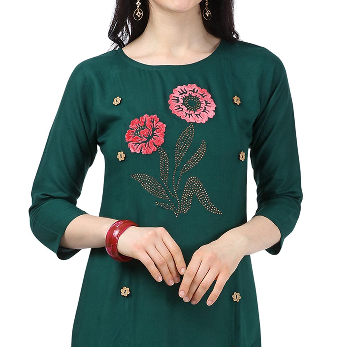Ideal Green Colored Partywear Embellished Rayon Kurti - Peachmode