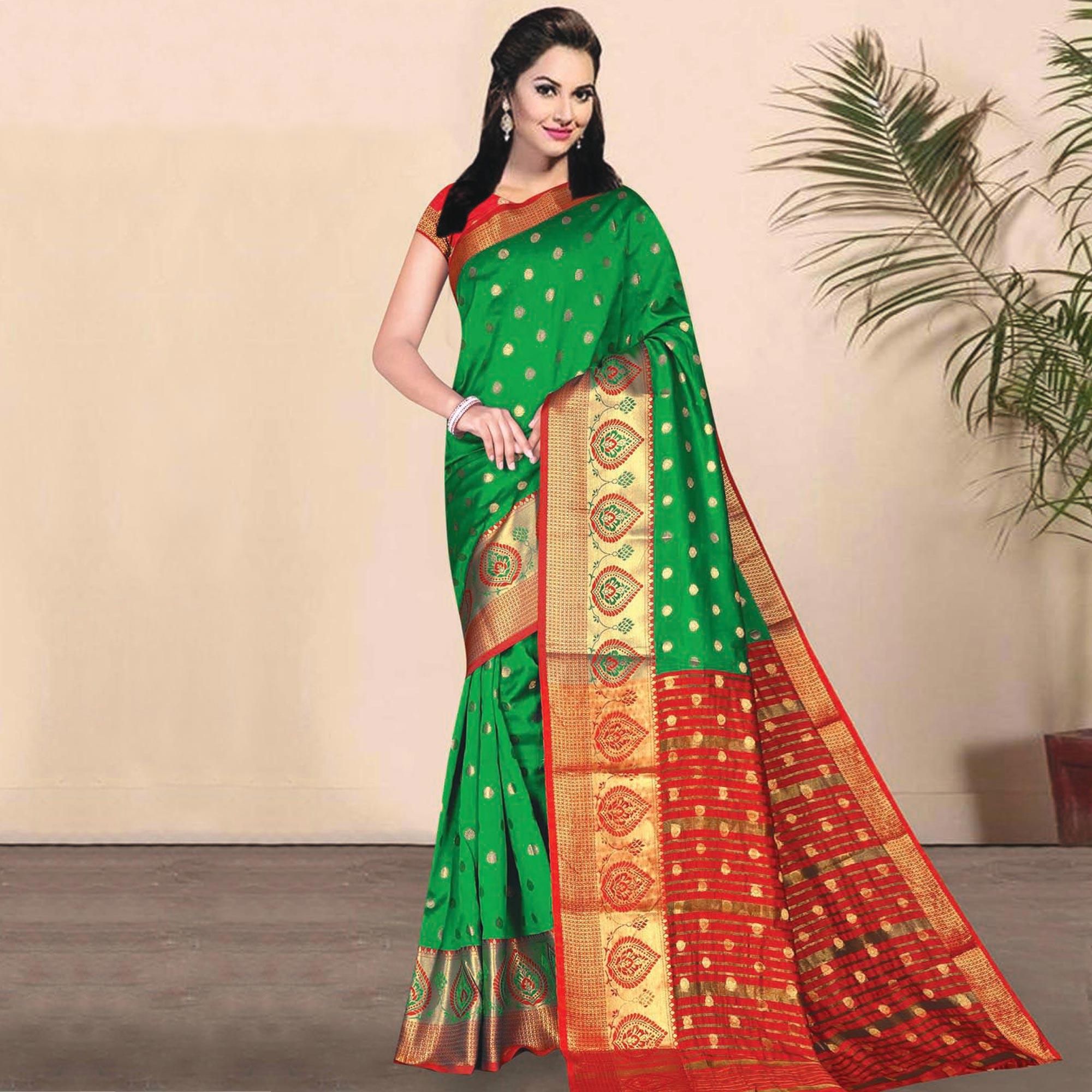 Ideal Green Coloured Festive Wear Woven Kota Litchi Art Silk Saree - Peachmode