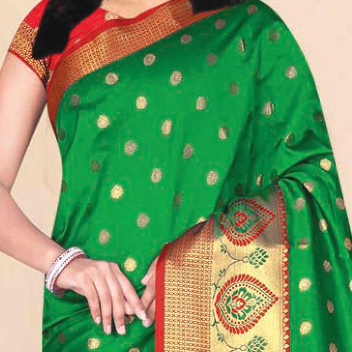Ideal Green Coloured Festive Wear Woven Kota Litchi Art Silk Saree - Peachmode