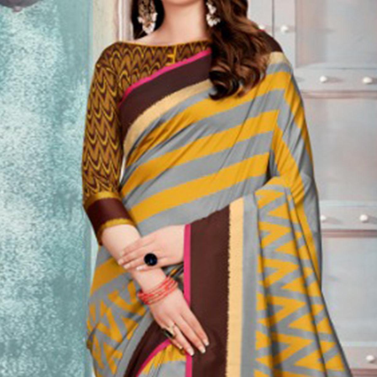 Ideal Grey & Mustard Colored Festive Wear Printed Cotton Silk Saree With Tassels - Peachmode