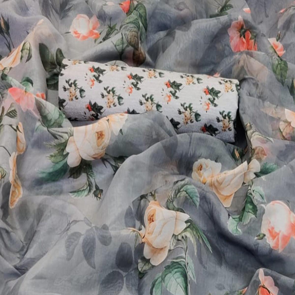 Ideal Grey Colored Partywear Digital Printed Georgette Saree - Peachmode