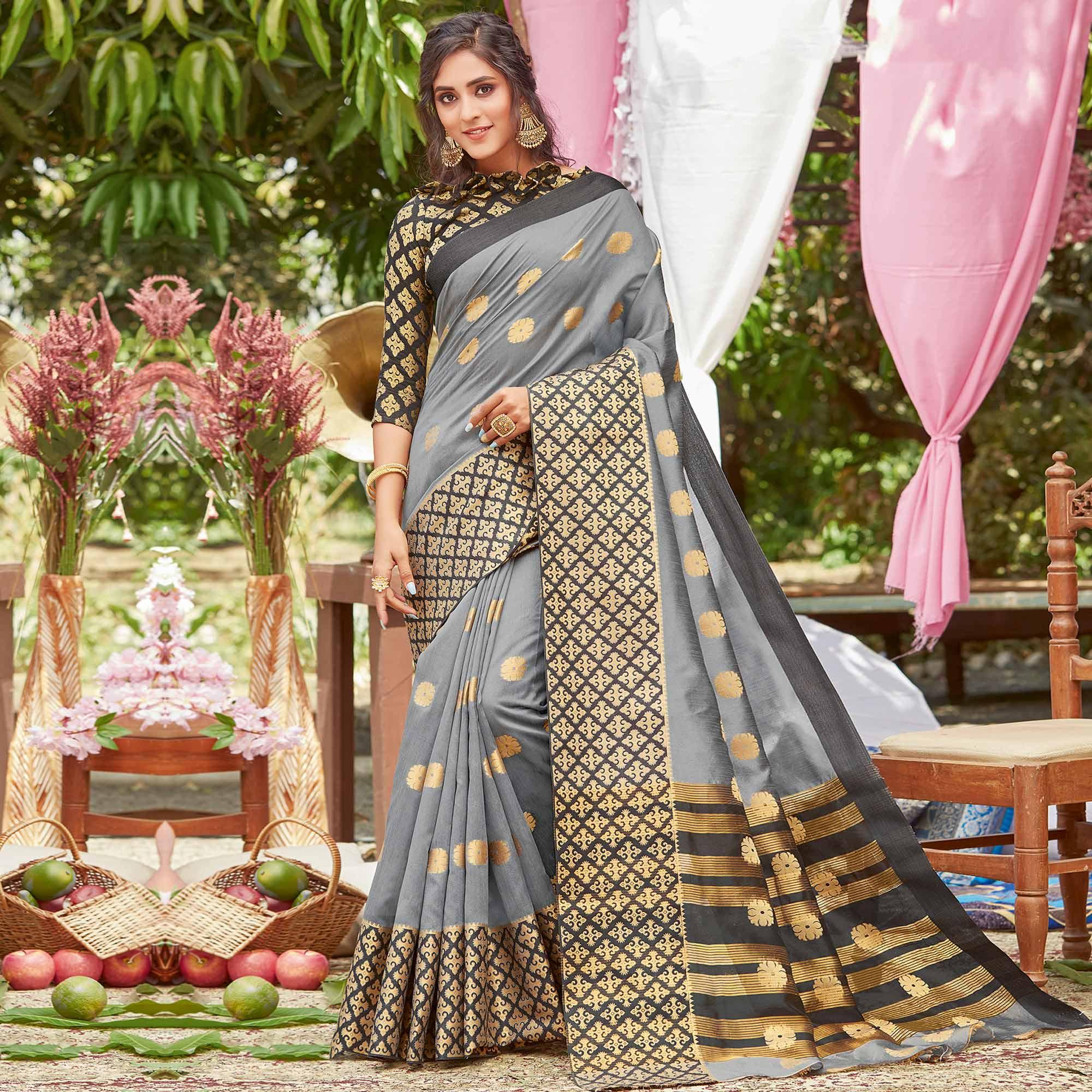 Ideal Grey Coloured Casual Wear Embroidered Crystal Silk Saree - Peachmode