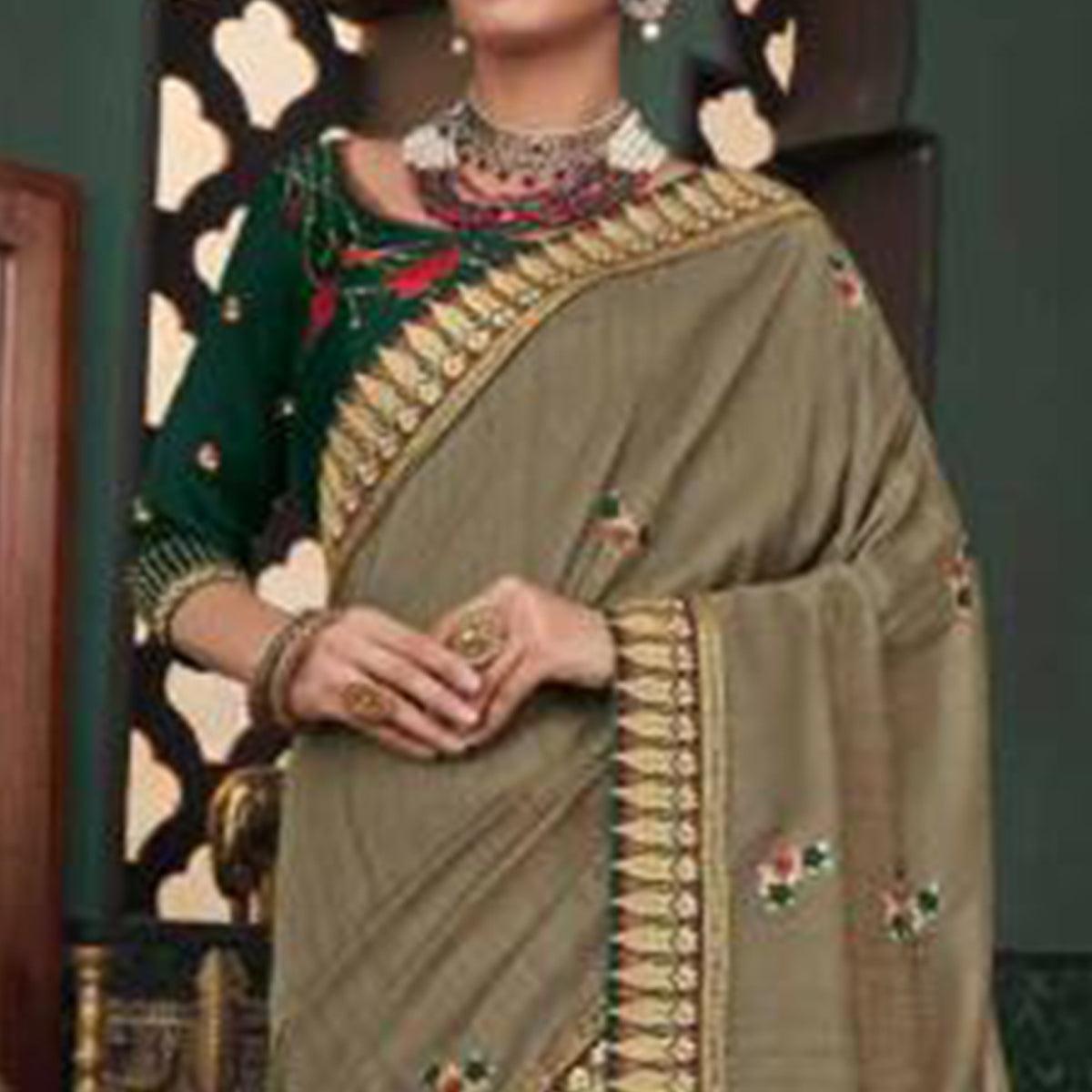 Ideal Greyish Green Colored Festive Wear Embroidered Heavy Border Silk Saree - Peachmode