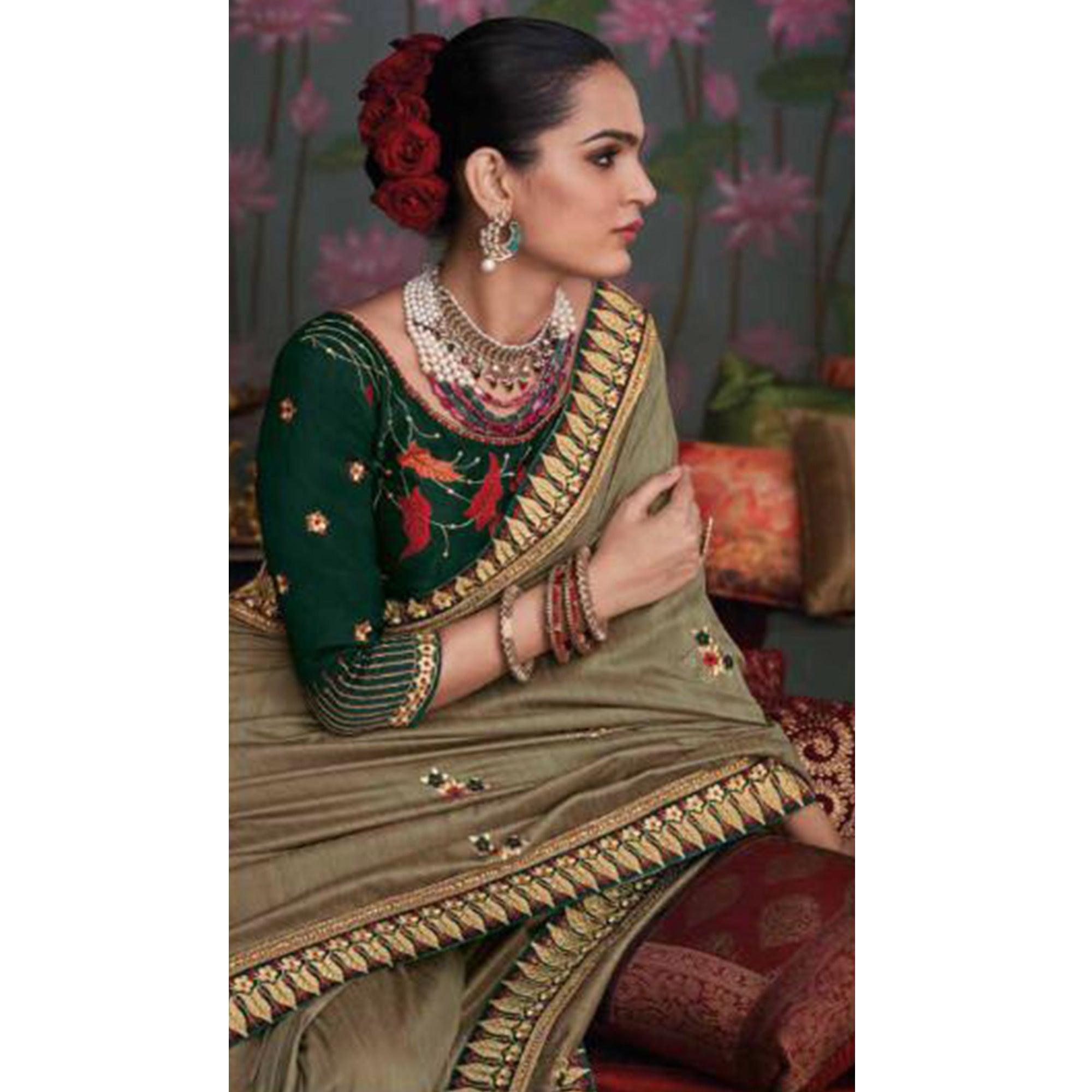 Ideal Greyish Green Colored Festive Wear Embroidered Heavy Border Silk Saree - Peachmode