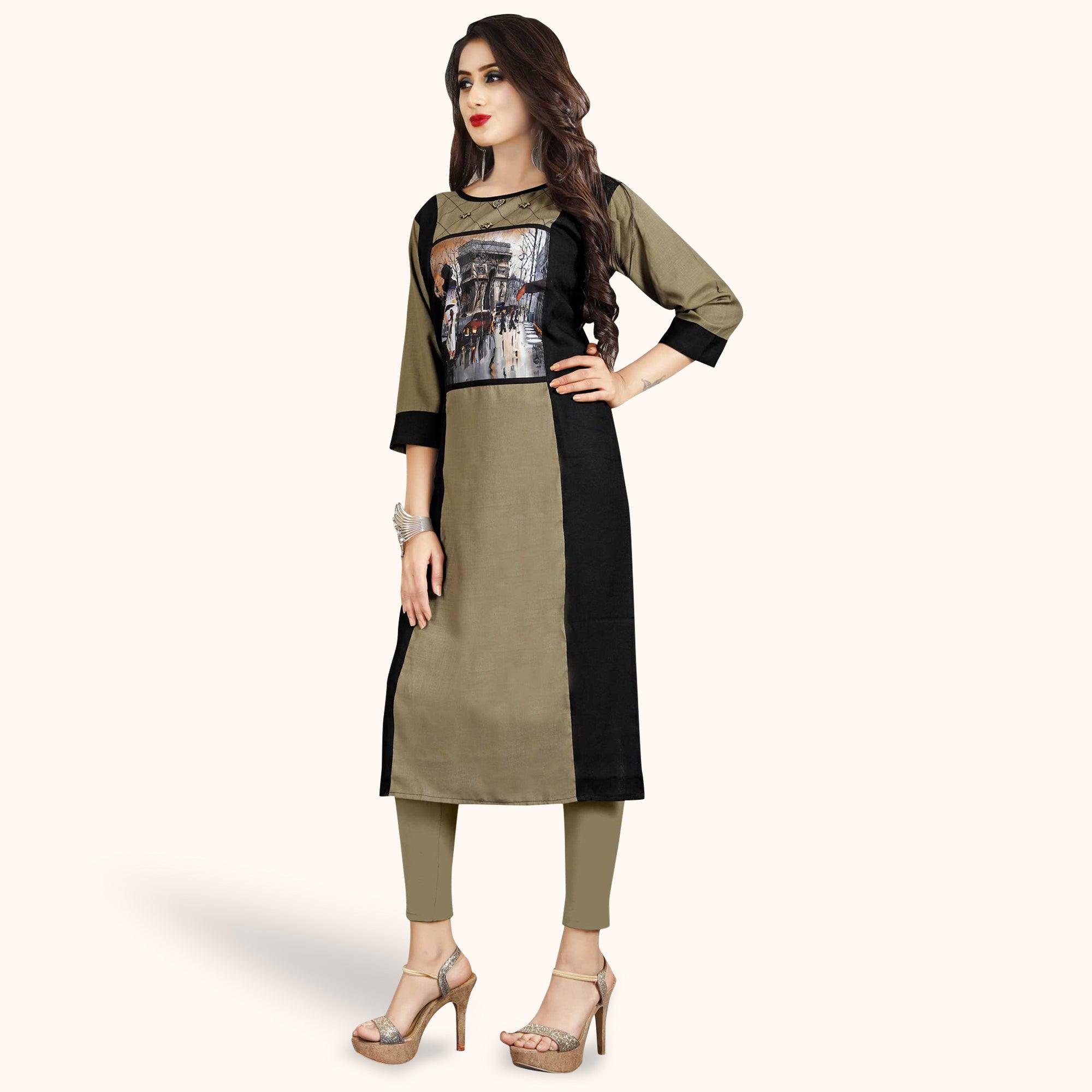 Ideal Light Coffee Colored Casual Printed Rayon Kurti - Peachmode