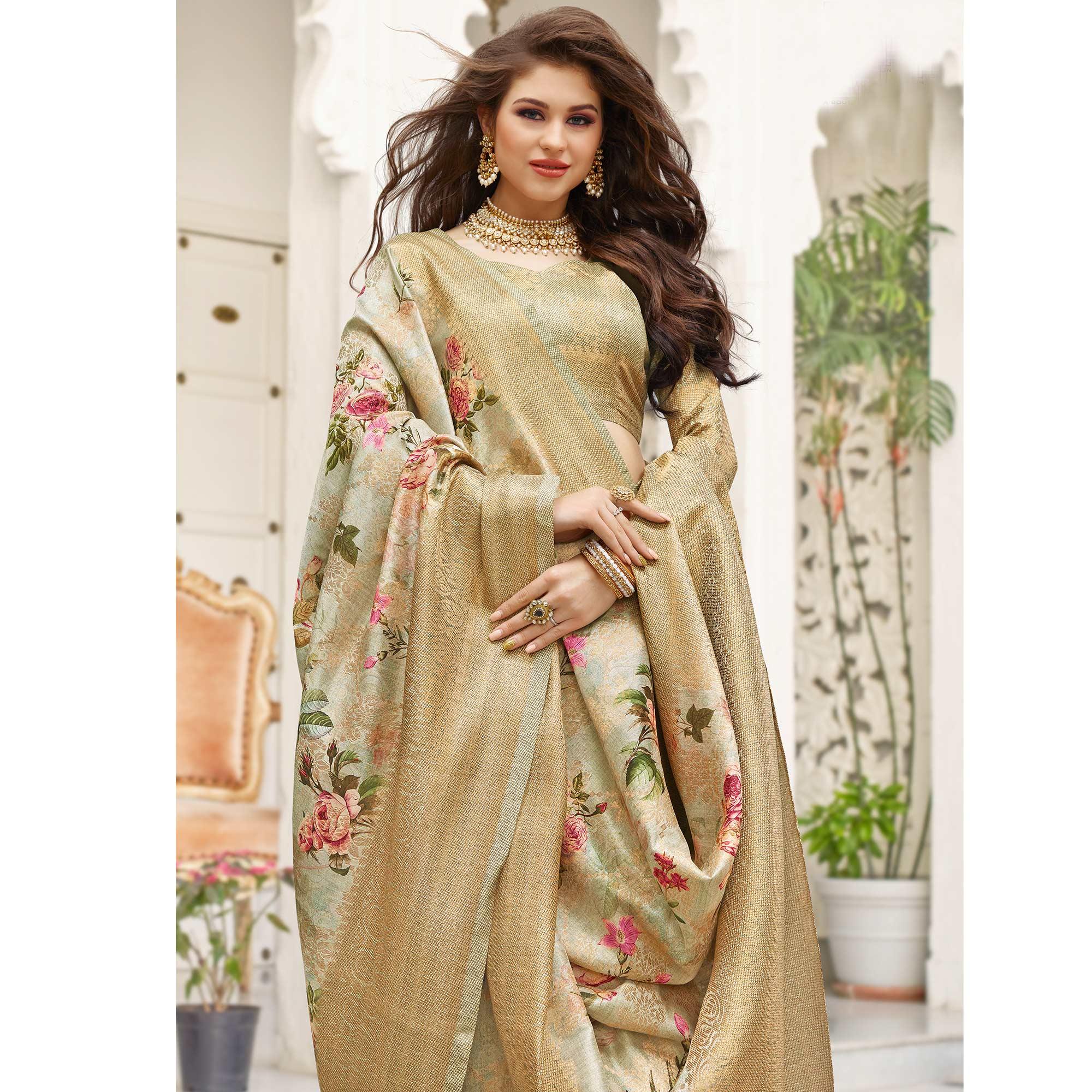 Ideal Light Grey Colored Partywear Digital Floral Printed Silk Saree - Peachmode