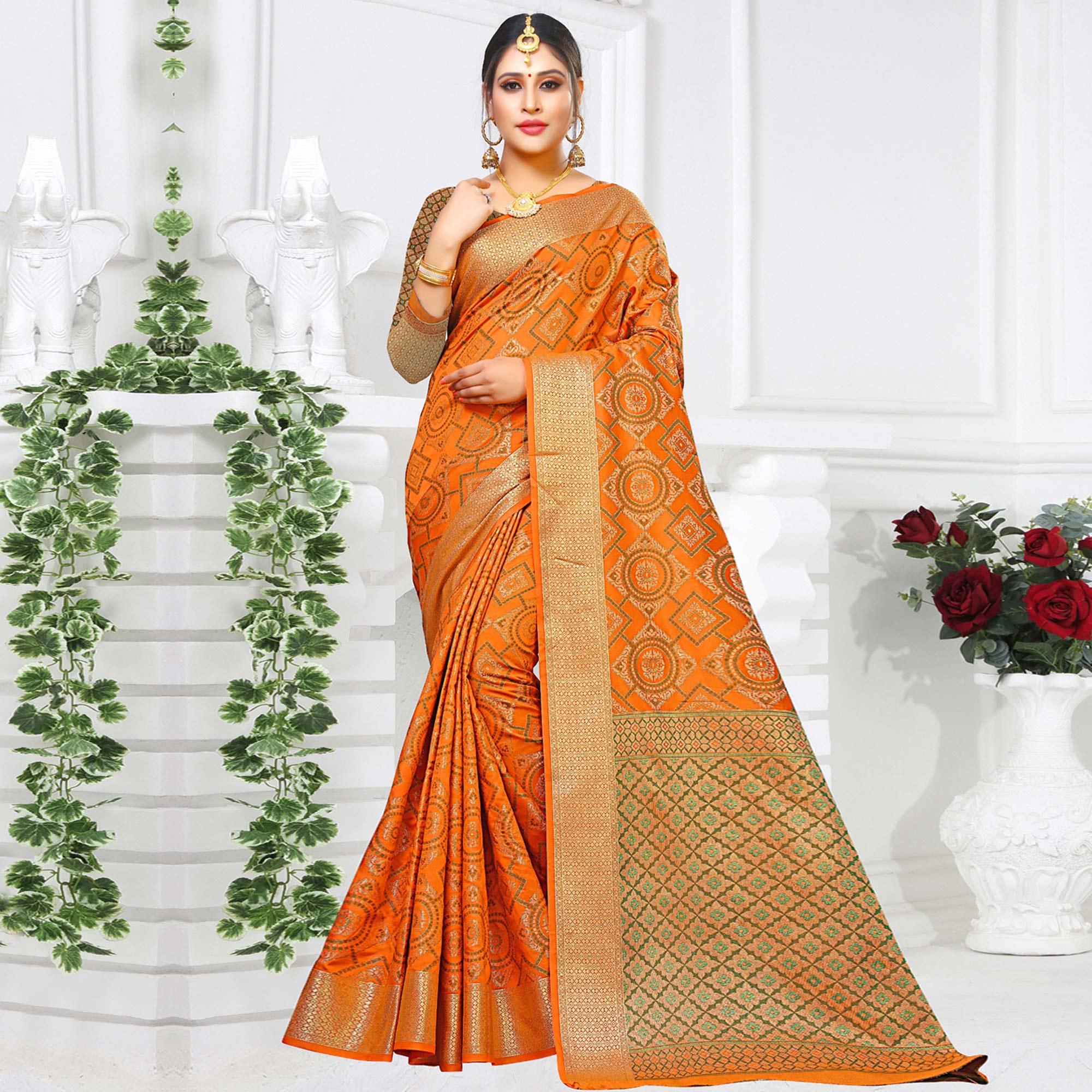 Ideal Light Orange Colored Festive Wear Woven Silk Saree - Peachmode