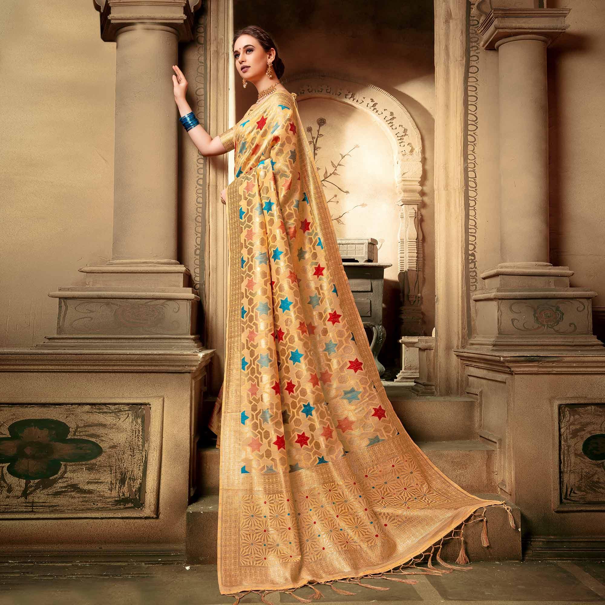 Ideal Light Yellow Colored Festive Wear Woven Cotton Silk Saree - Peachmode