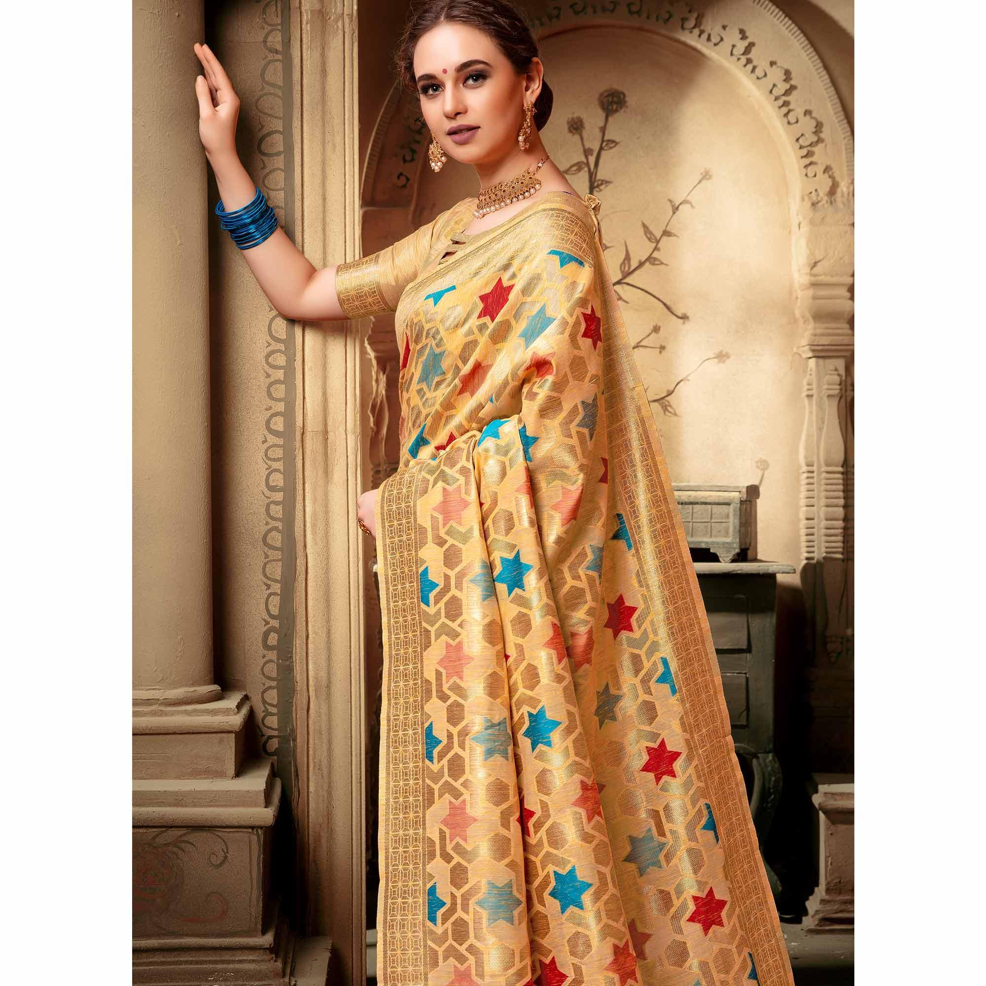 Ideal Light Yellow Colored Festive Wear Woven Cotton Silk Saree - Peachmode