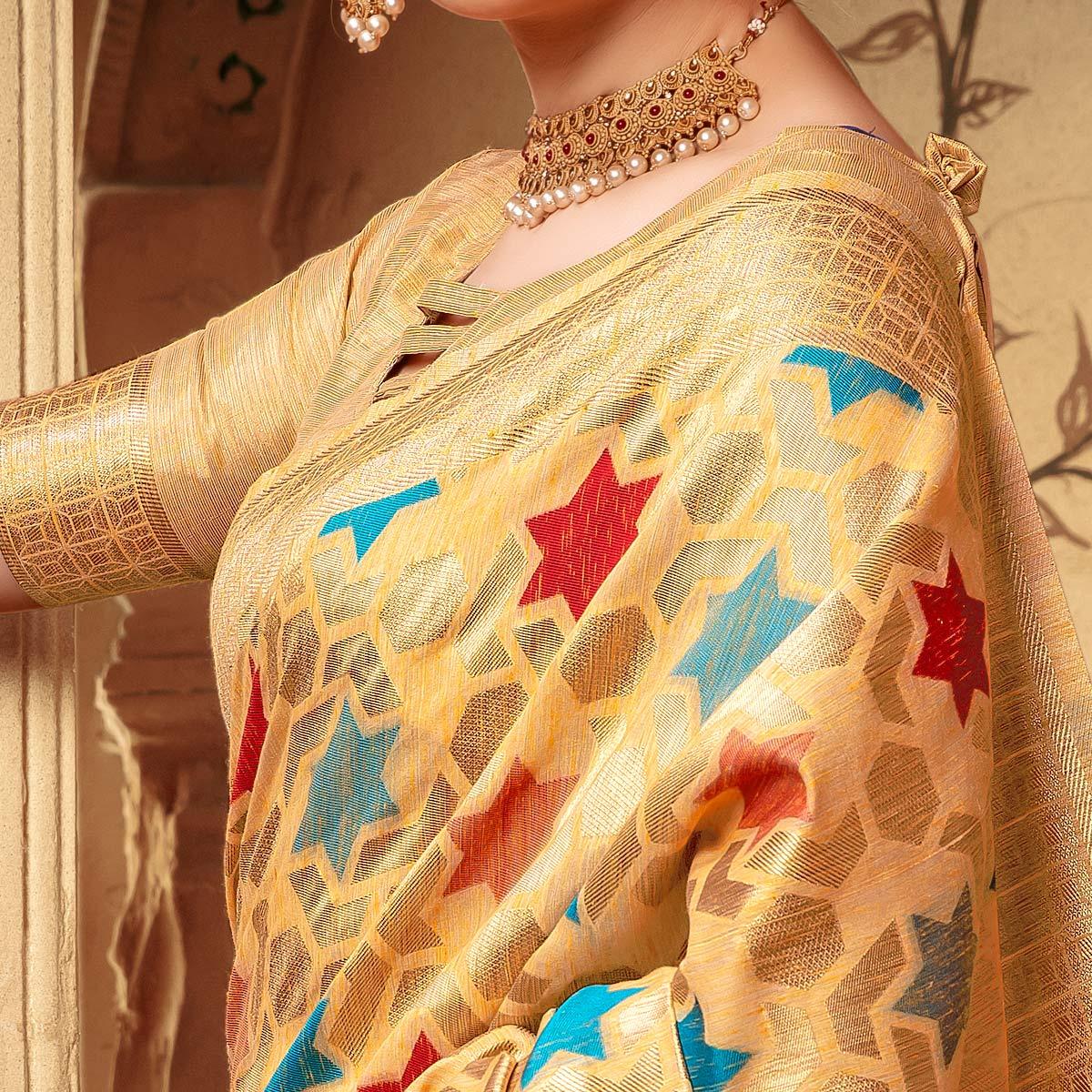 Ideal Light Yellow Colored Festive Wear Woven Cotton Silk Saree - Peachmode