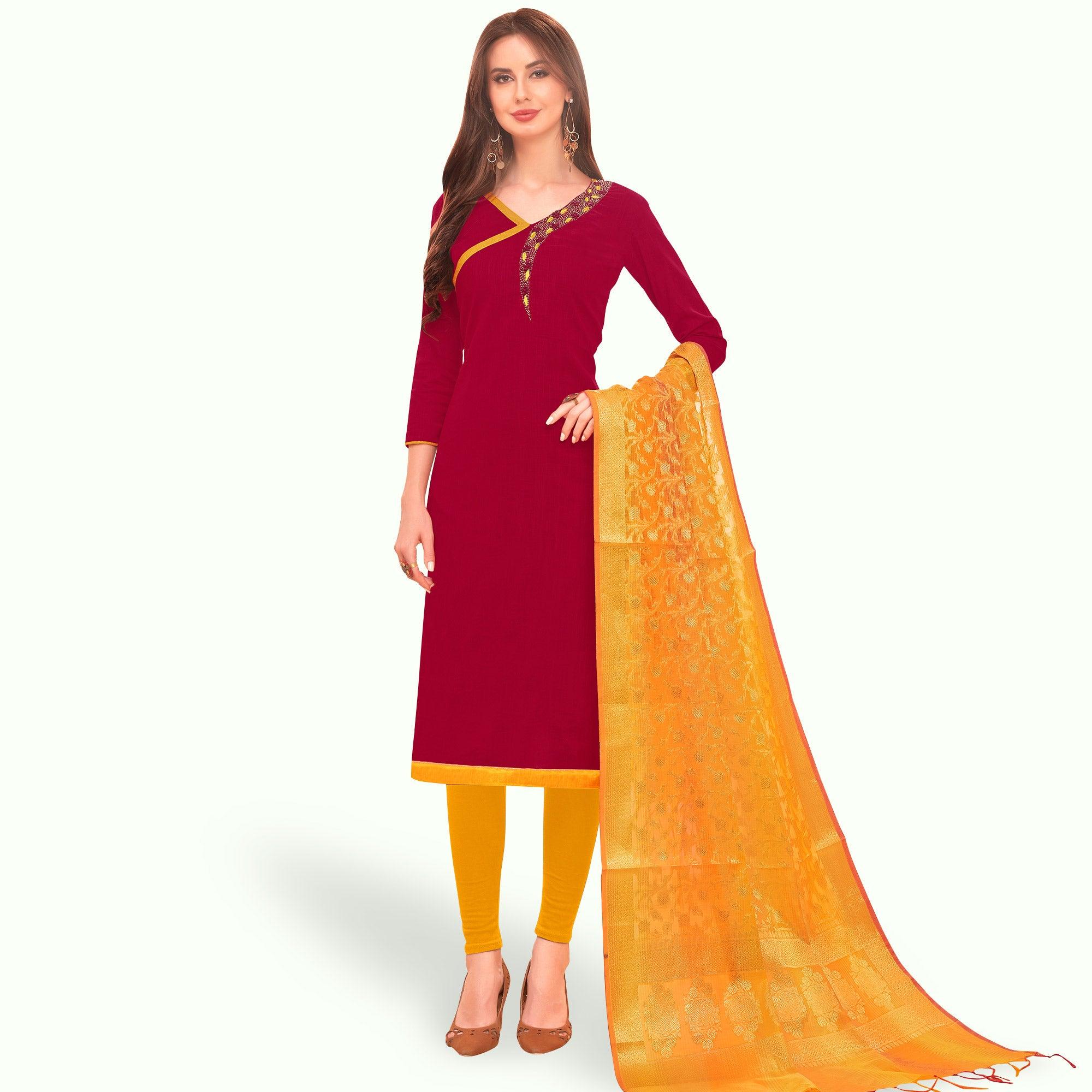 Ideal Magenta Pink Colored Casual Wear Embroidered Cotton Dress Material With Banarasi Silk Dupatta - Peachmode