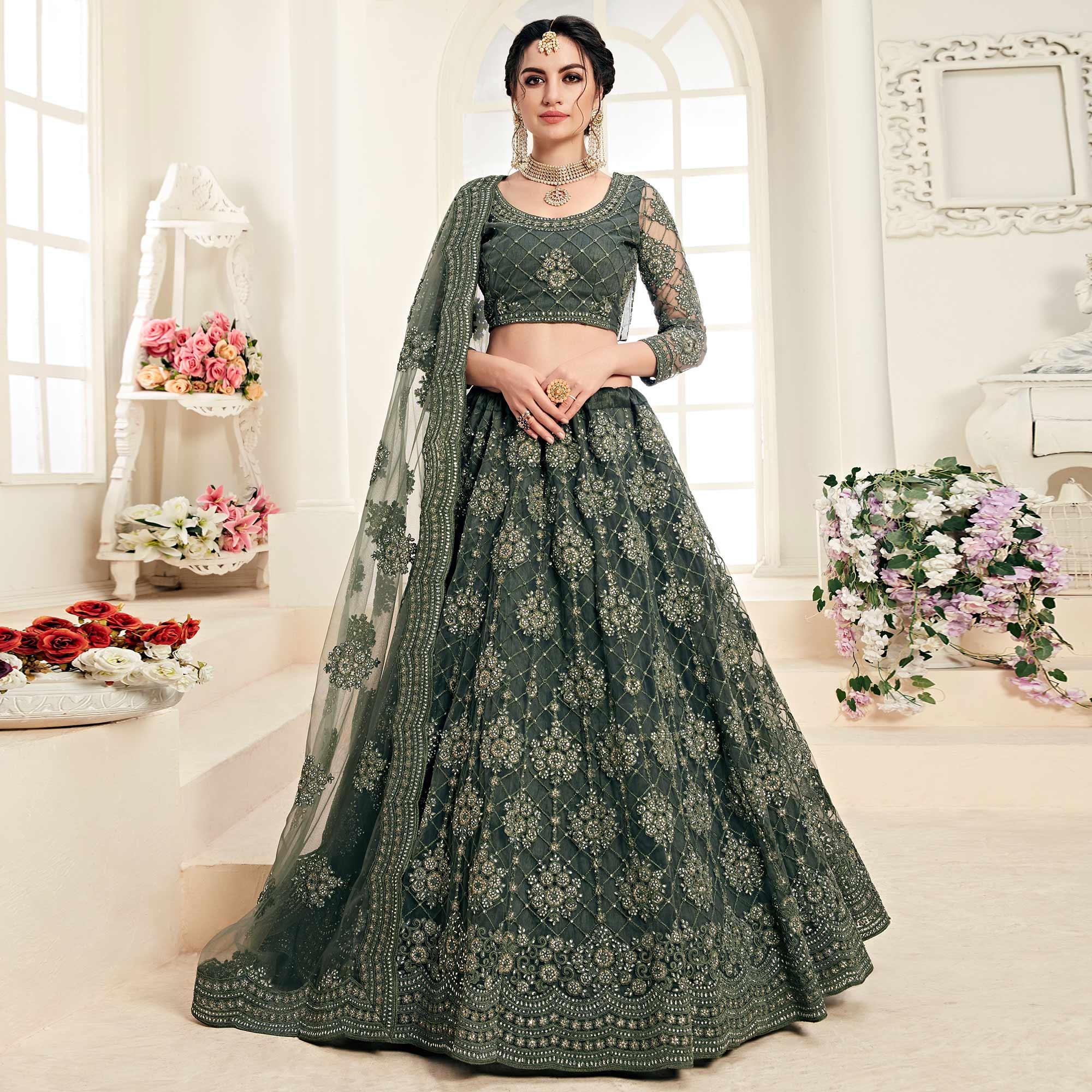 Ideal Mehndi Green Colored Cording Embroidery Wedding Wear Net Lehenga Choli - Peachmode