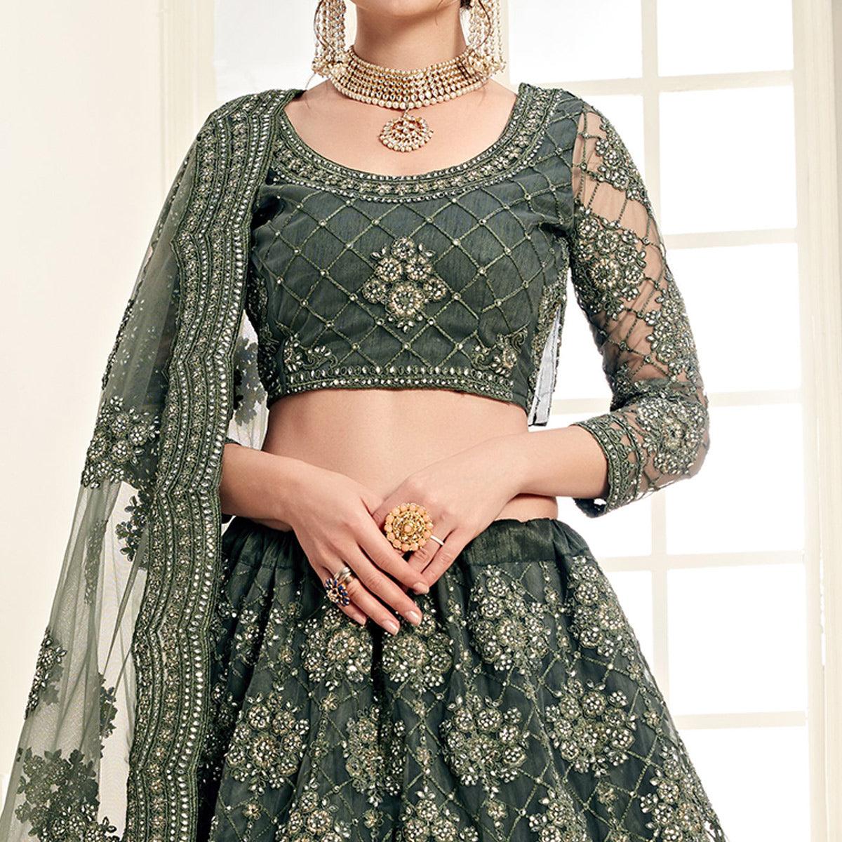 Ideal Mehndi Green Colored Cording Embroidery Wedding Wear Net Lehenga Choli - Peachmode