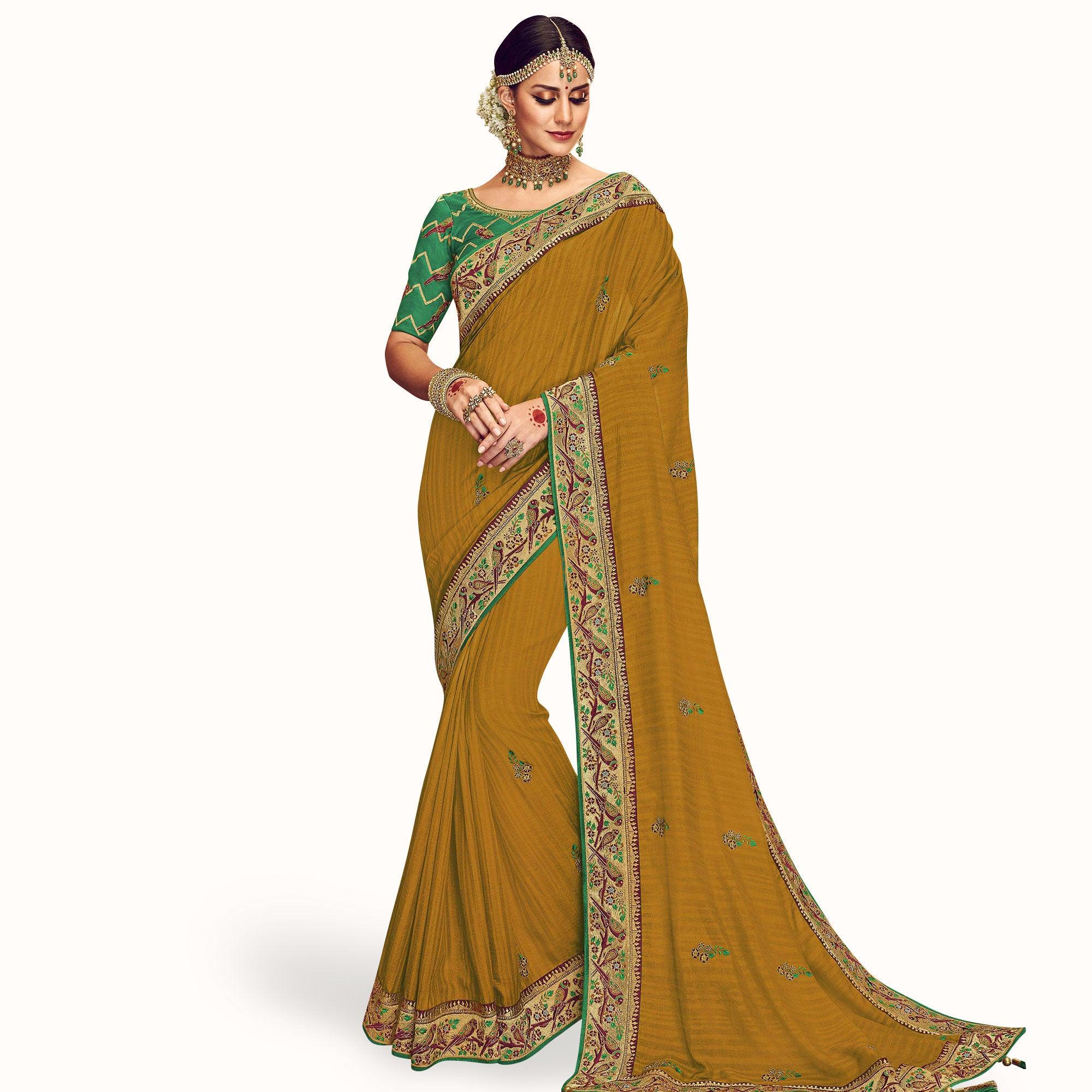 Ideal Mustard Yellow Colored Partywear Embroidered Georgette Saree - Peachmode