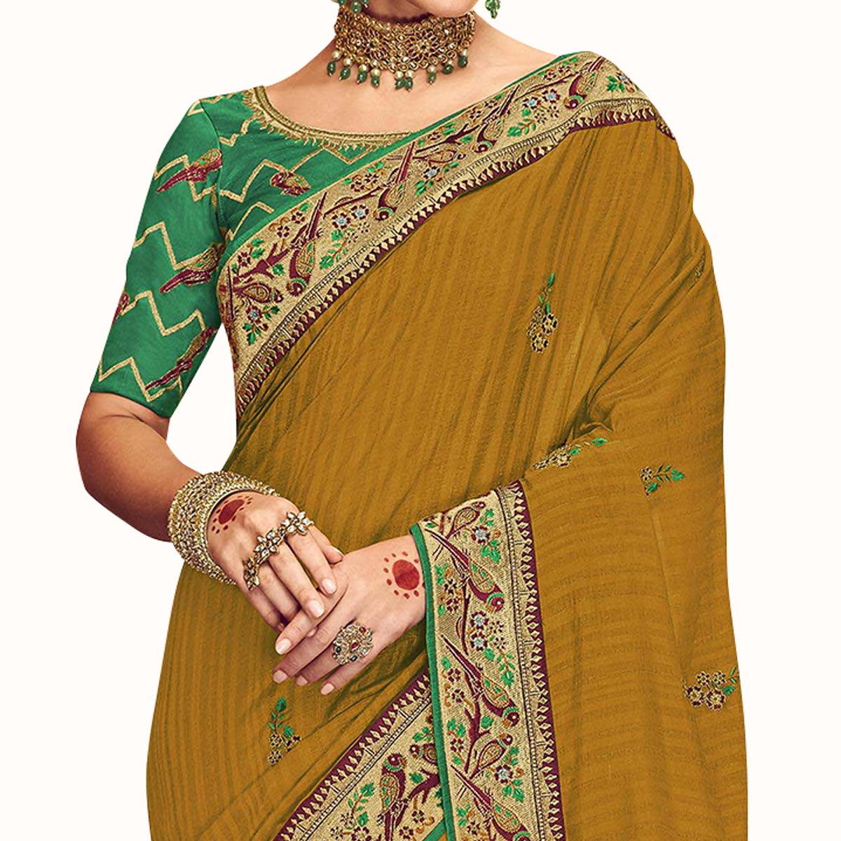 Ideal Mustard Yellow Colored Partywear Embroidered Georgette Saree - Peachmode