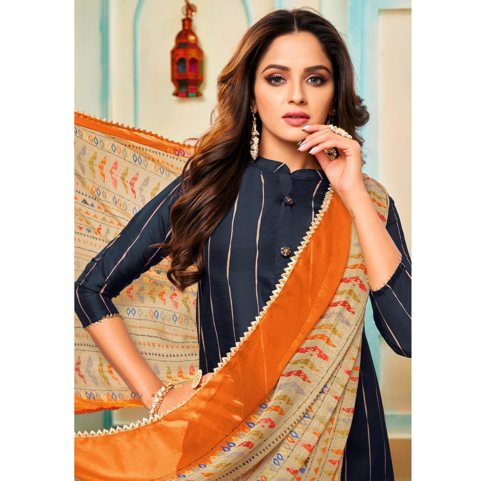 Ideal Navy Blue Colored Casual Wear Embroidered Chanderi Dress Material - Peachmode