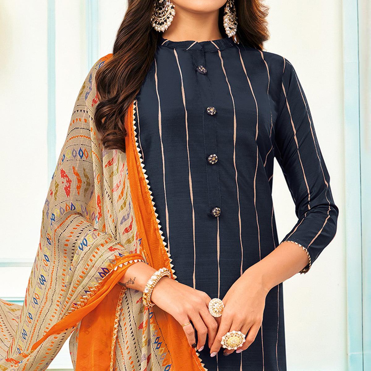 Ideal Navy Blue Colored Casual Wear Embroidered Chanderi Dress Material - Peachmode