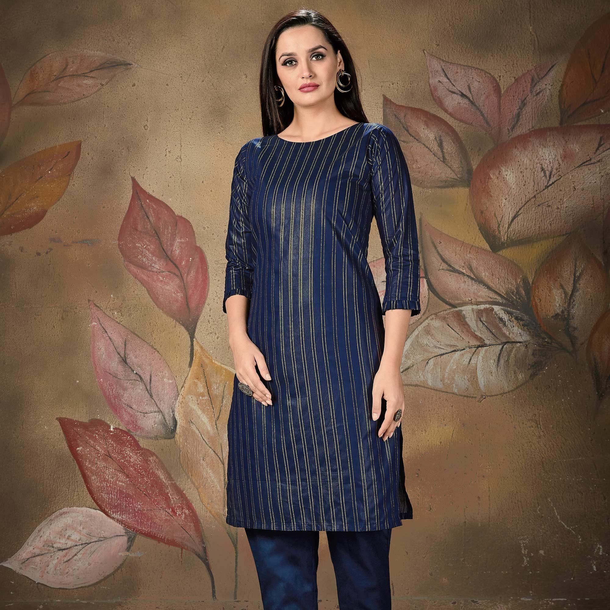 Ideal Navy Blue Colored Casual Wear Printed Cotton Kurti - Peachmode