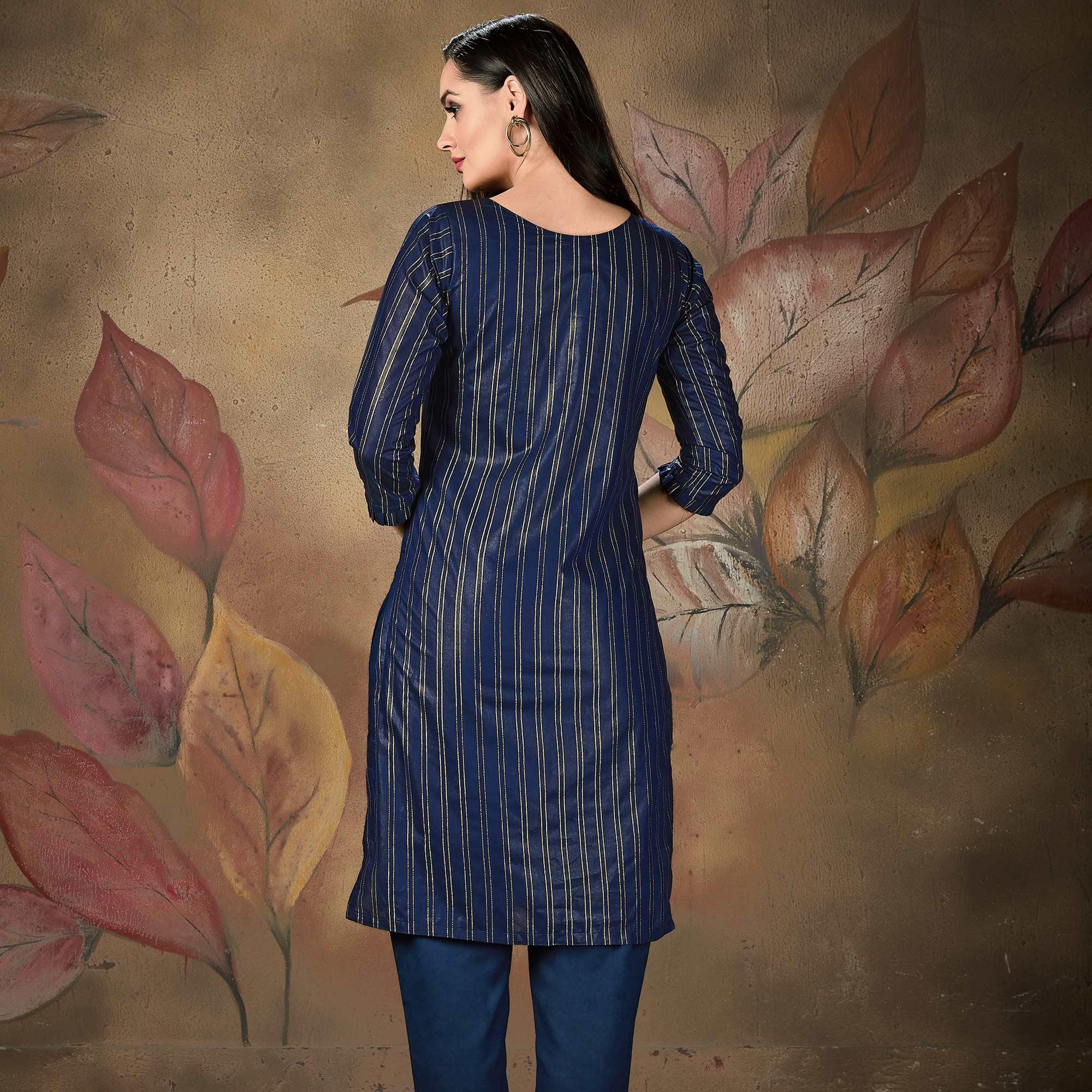 Ideal Navy Blue Colored Casual Wear Printed Cotton Kurti - Peachmode