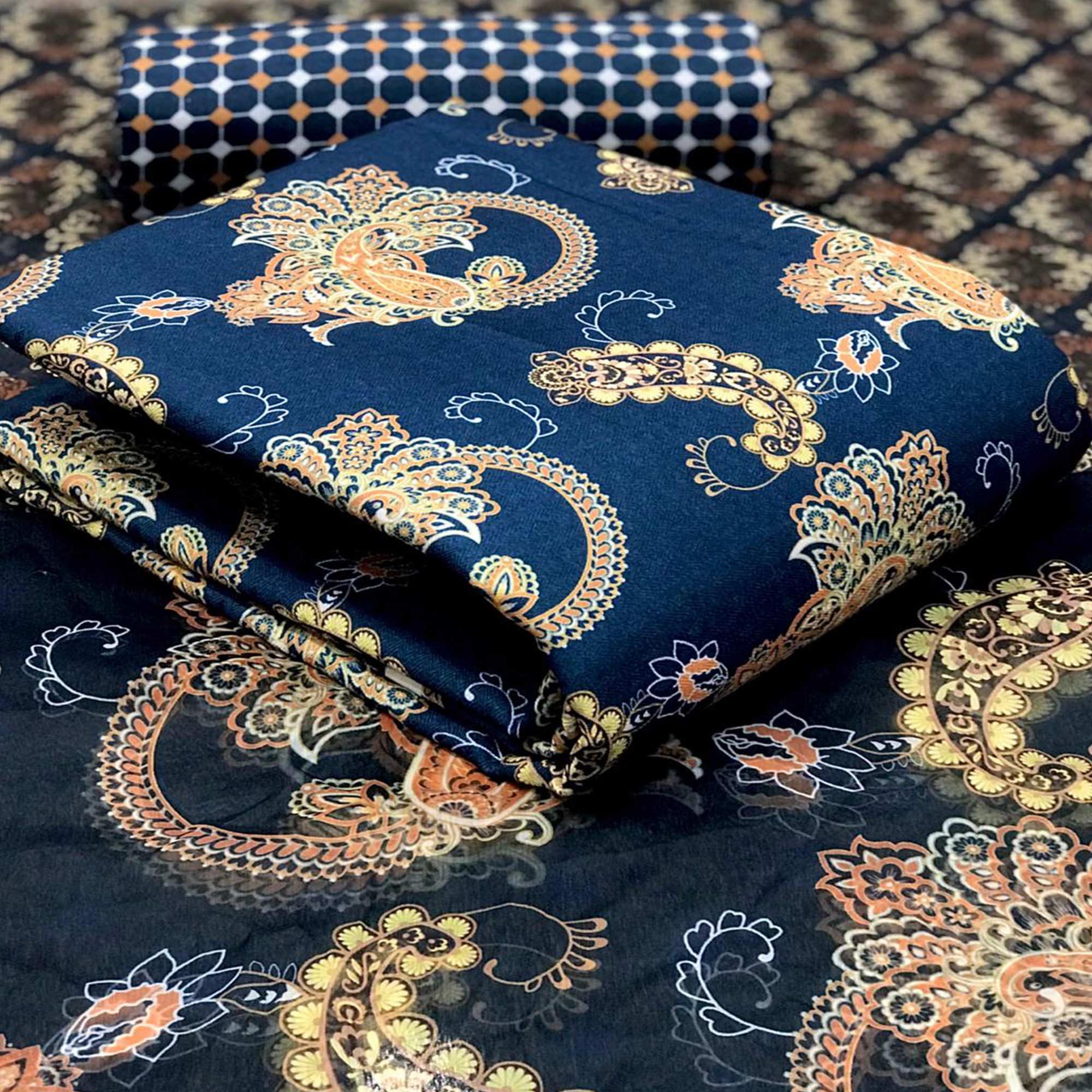 Ideal Navy Blue Colored Casual Wear Printed Pashmina Dress Material - Peachmode