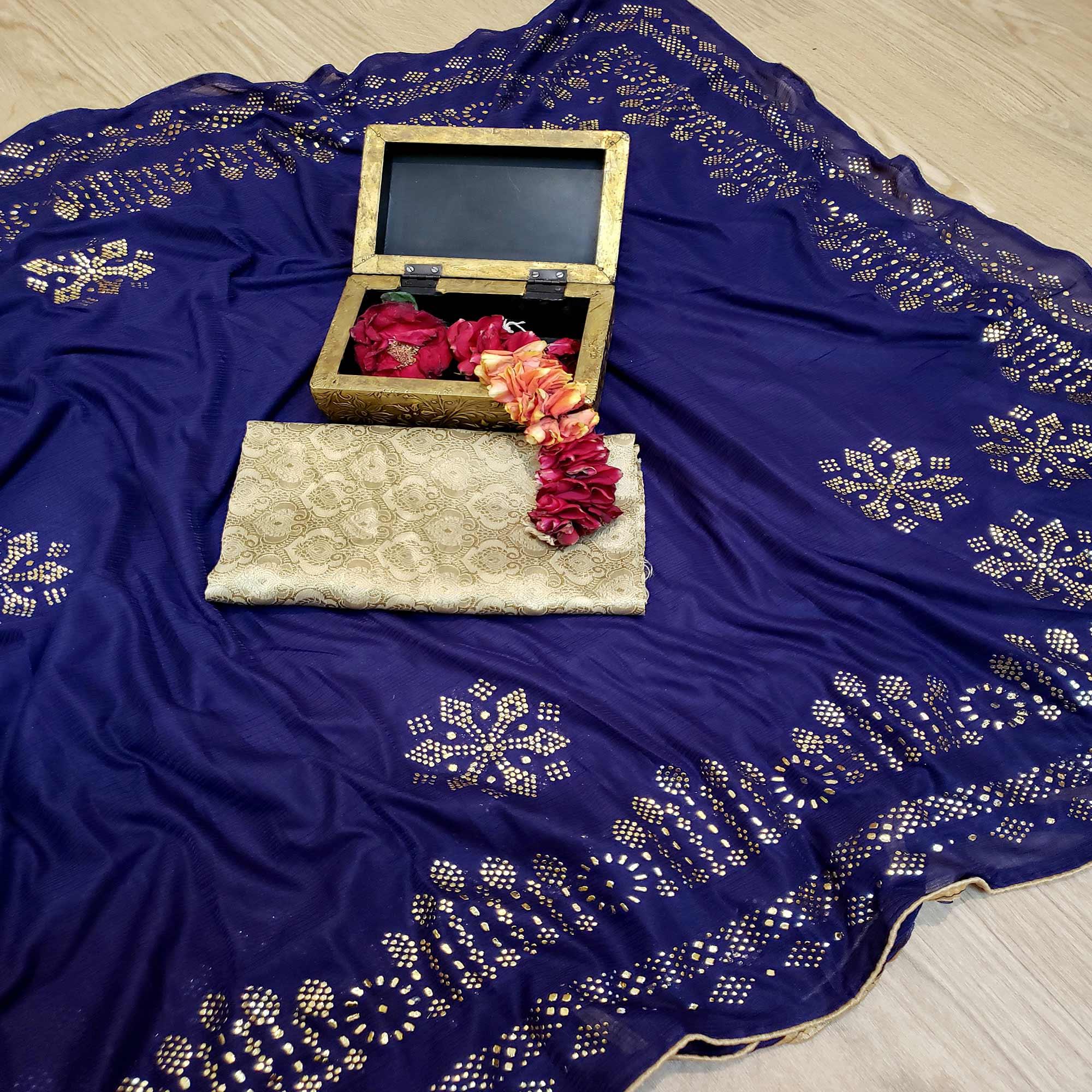 Ideal Navy Blue Colored Festive Wear Embellished Art Silk Saree - Peachmode