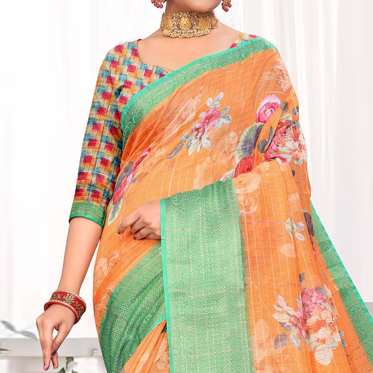 Ideal Orange Colored Festive Wear Digital Printed Linen Saree - Peachmode