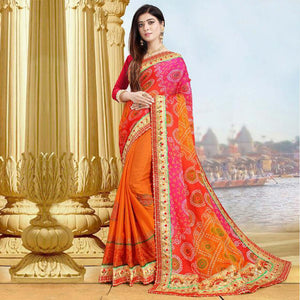 Ideal Orange Colored Festive Wear Zari Work Moss Chiffon Half-Half Saree - Peachmode