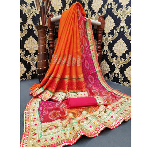 Ideal Orange Colored Festive Wear Zari Work Moss Chiffon Half-Half Saree - Peachmode