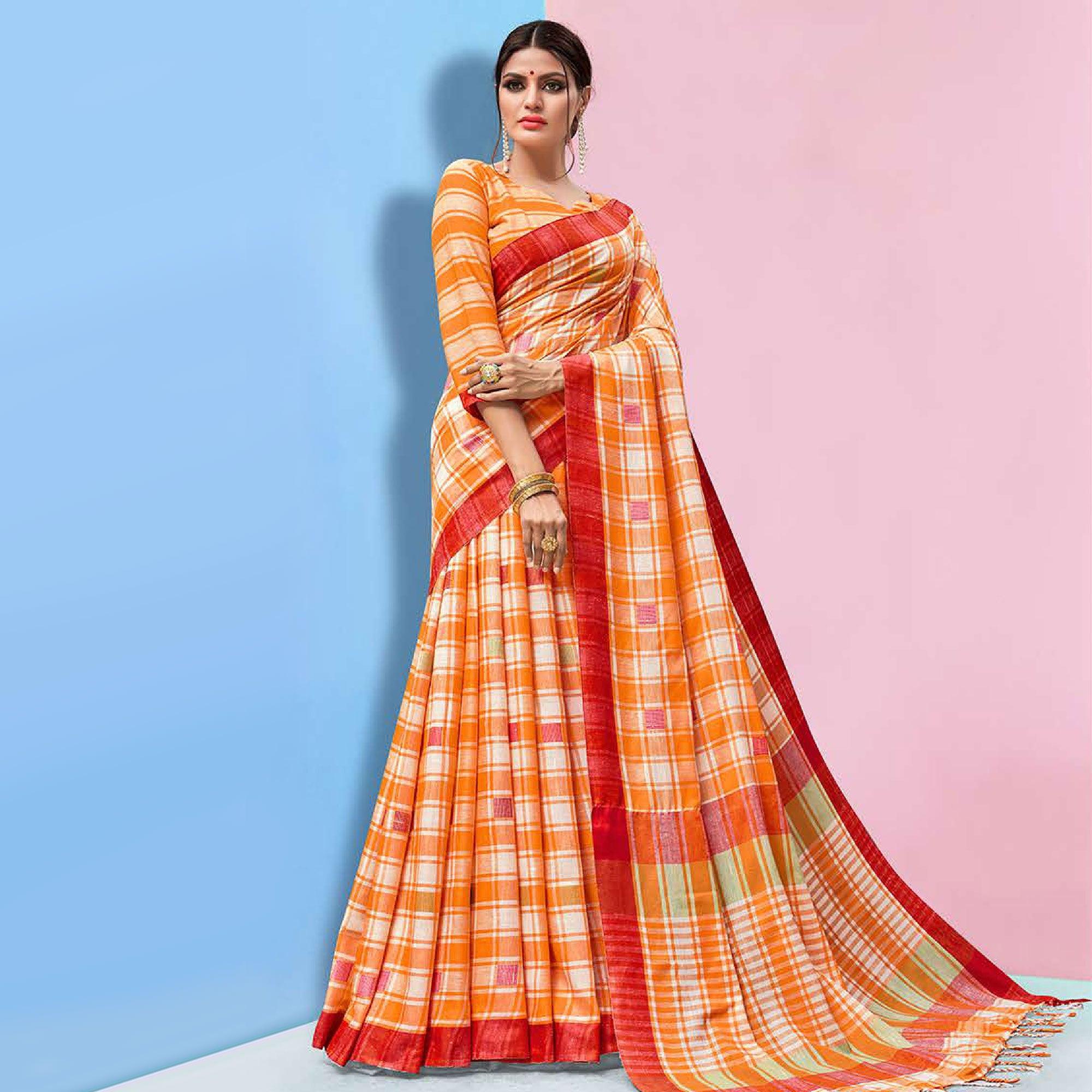 Ideal Orange Colored Partywear Printed Linen Cotton Saree - Peachmode