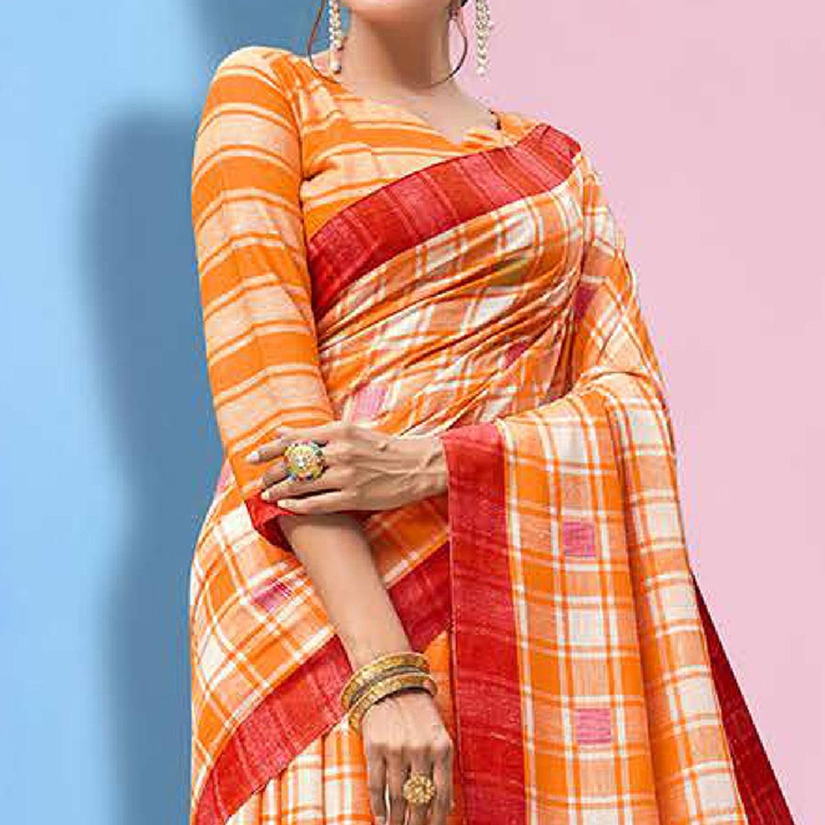 Ideal Orange Colored Partywear Printed Linen Cotton Saree - Peachmode