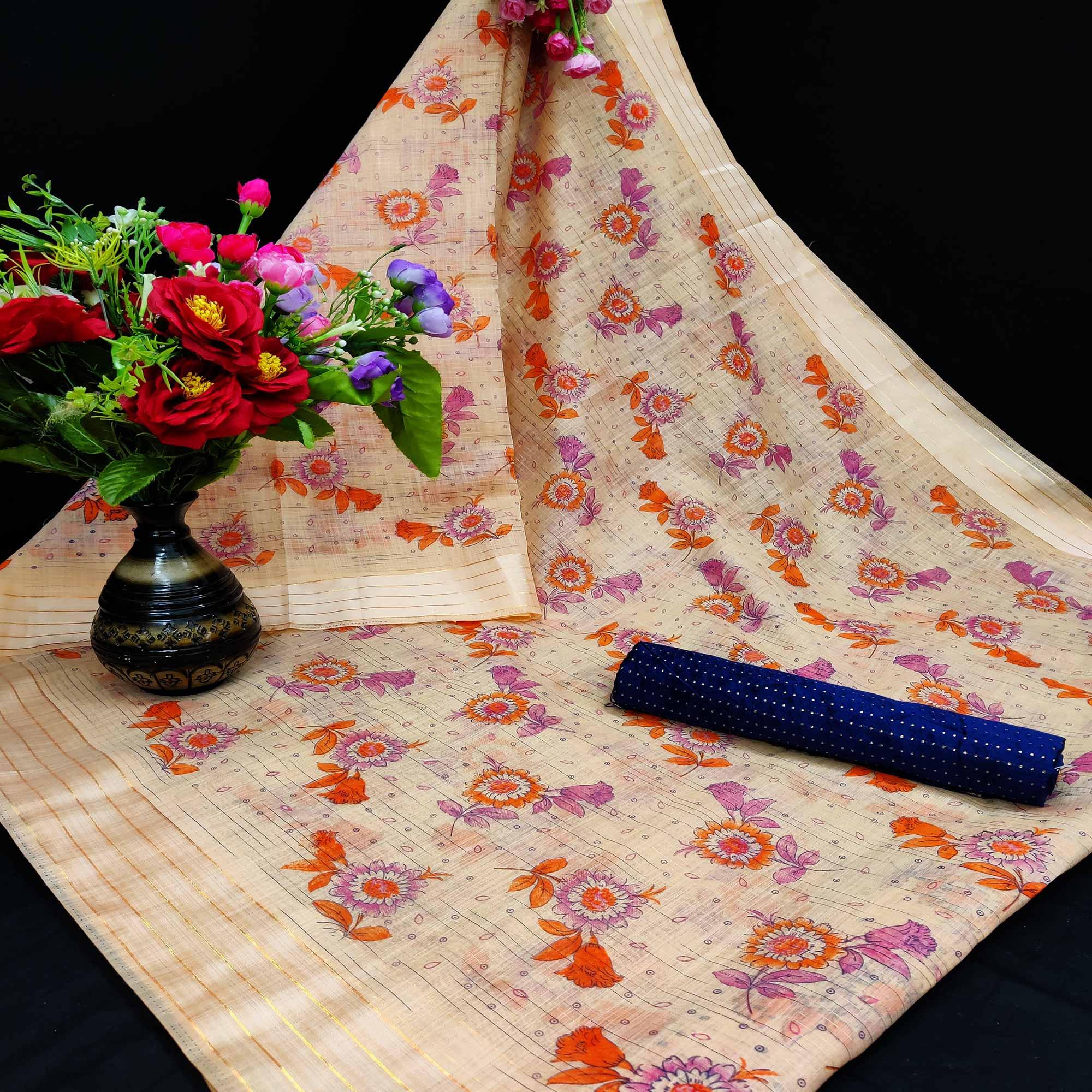 Ideal Orange Coloured Floral Print Casual Wear Striped Pattern Cotton Saree - Peachmode