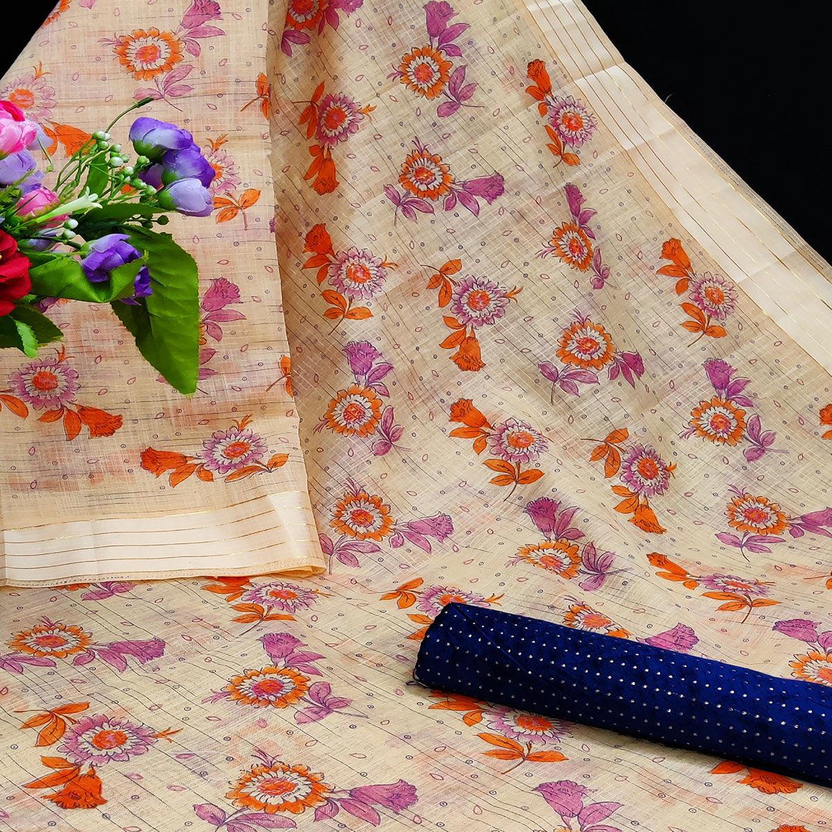 Ideal Orange Coloured Floral Print Casual Wear Striped Pattern Cotton Saree - Peachmode