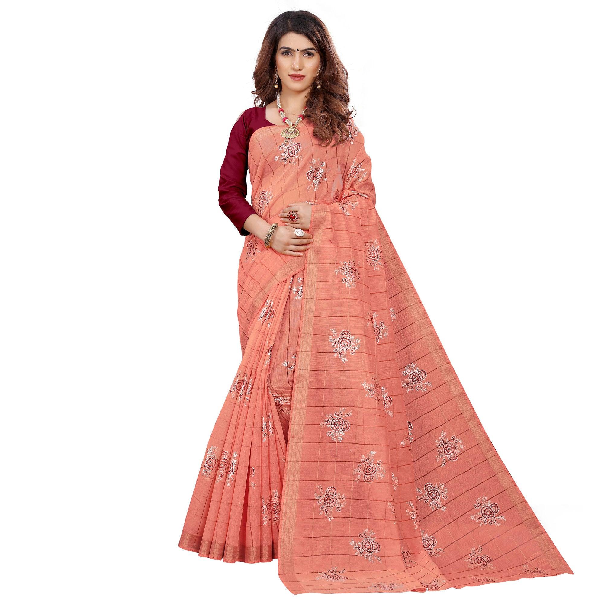 Ideal Peach Colored Casual Wear Printed Cotton Saree - Peachmode
