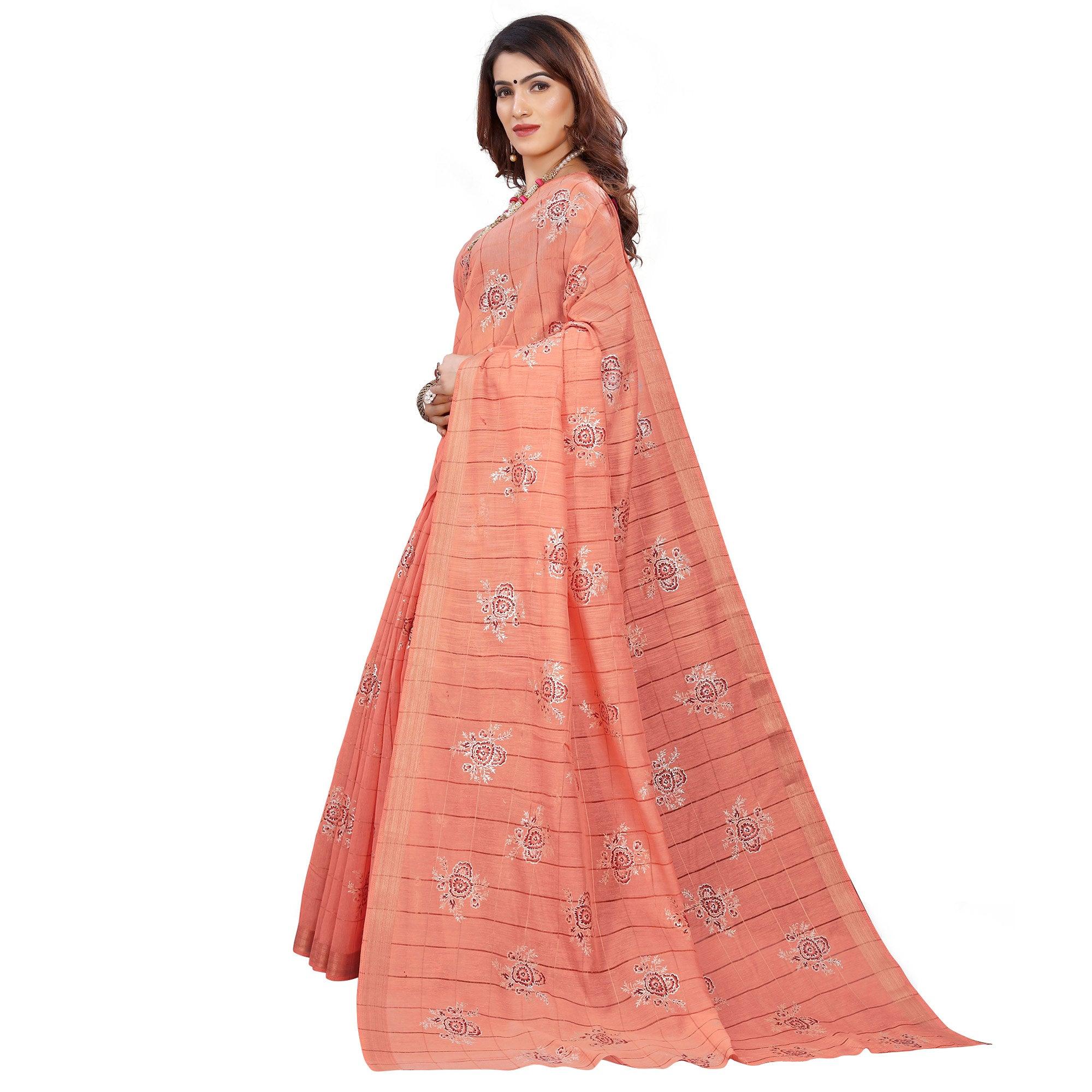 Ideal Peach Colored Casual Wear Printed Cotton Saree - Peachmode