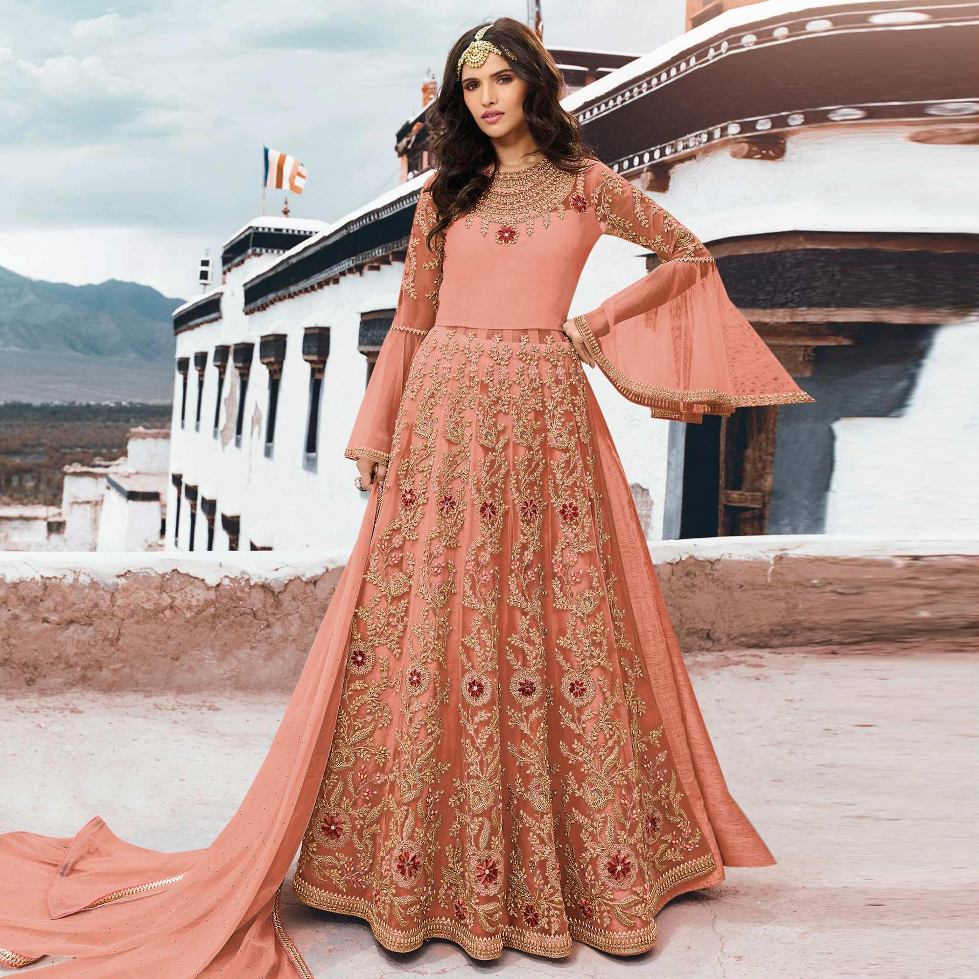 Ideal Peach Colored Partywear Embroidered Netted Anarkali Suit - Peachmode
