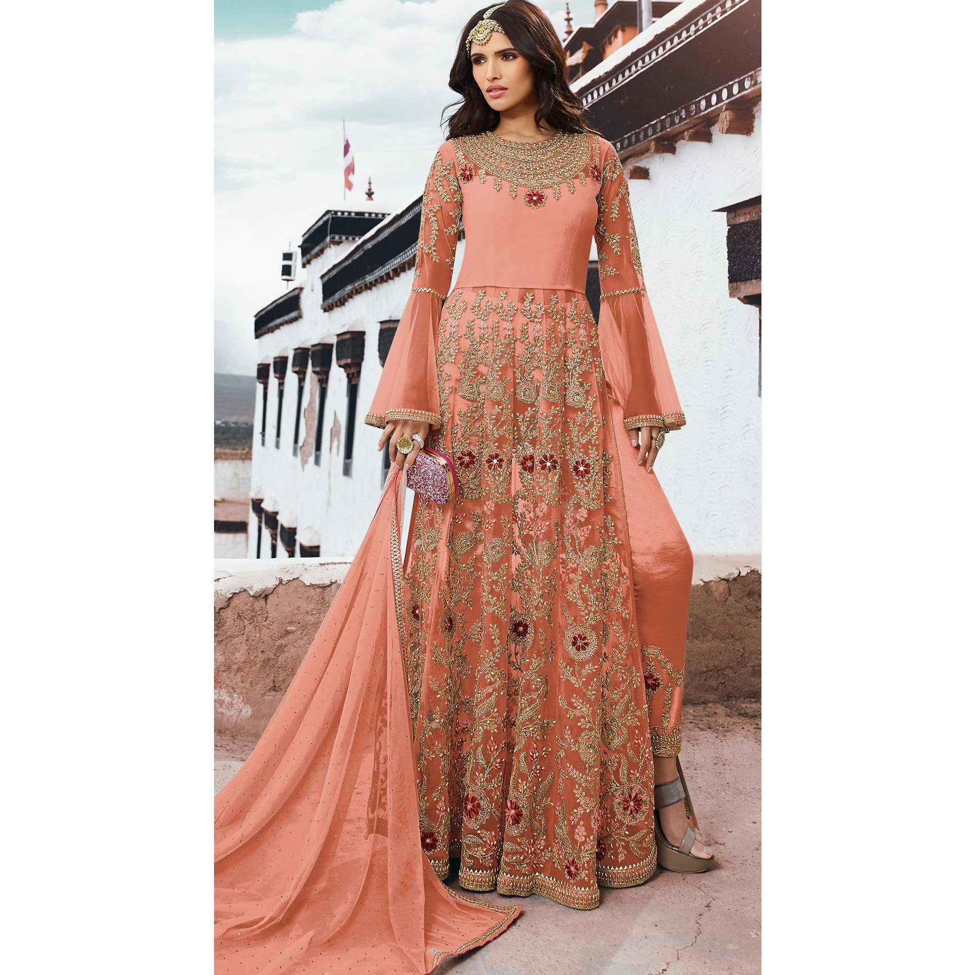 Ideal Peach Colored Partywear Embroidered Netted Anarkali Suit - Peachmode