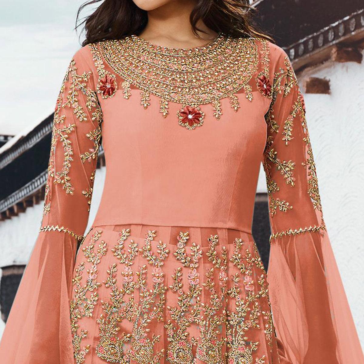 Ideal Peach Colored Partywear Embroidered Netted Anarkali Suit - Peachmode