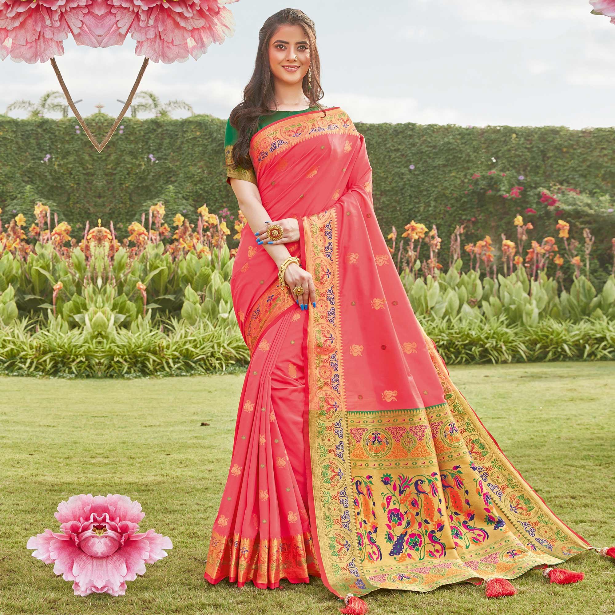 Ideal Peach Coloured Partywear Woven Silk Saree - Peachmode