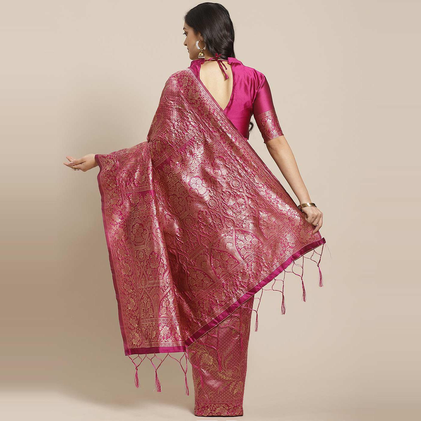 Ideal Pink Colored Festive Wear Woven Silk Blend Saree - Peachmode