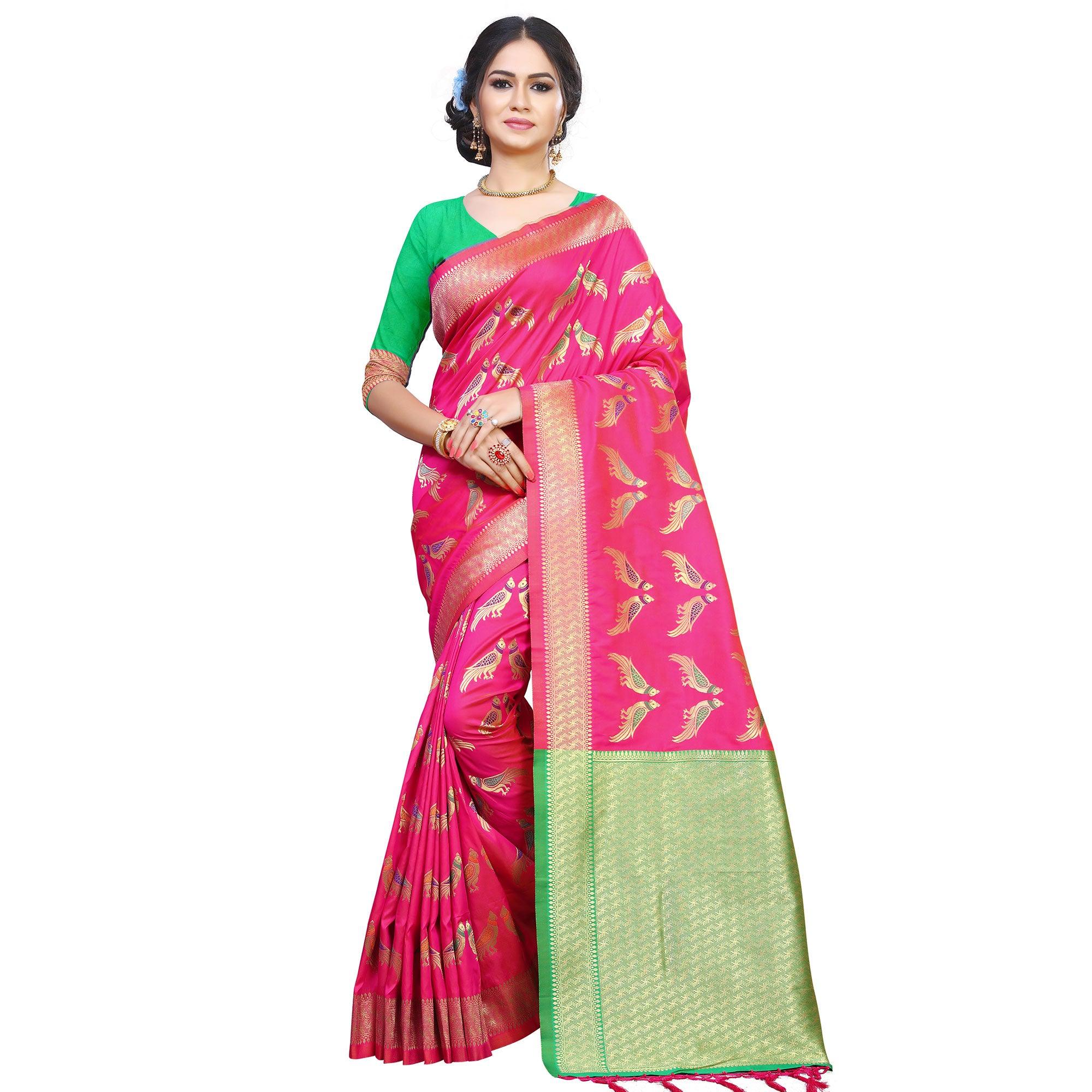 Ideal Pink Colored Festive Wear Woven Silk Saree - Peachmode
