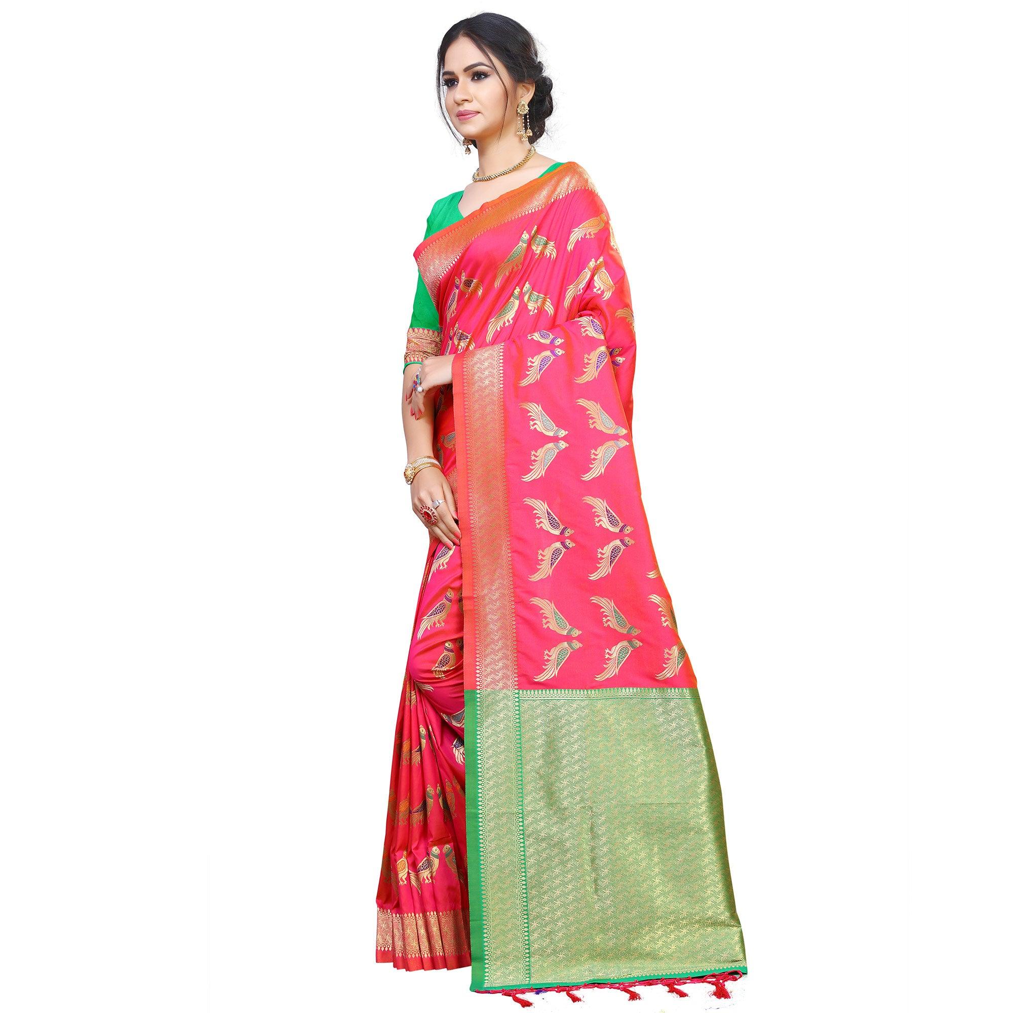 Ideal Pink Colored Festive Wear Woven Silk Saree - Peachmode