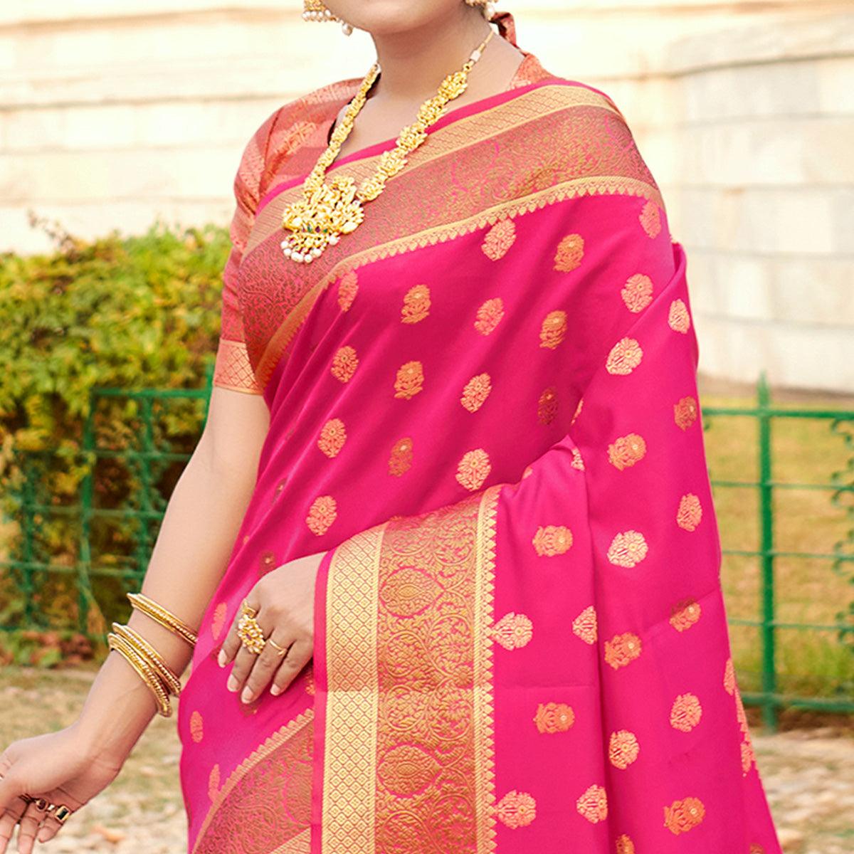 Ideal Pink Colored Festive Wear Woven Silk Saree - Peachmode